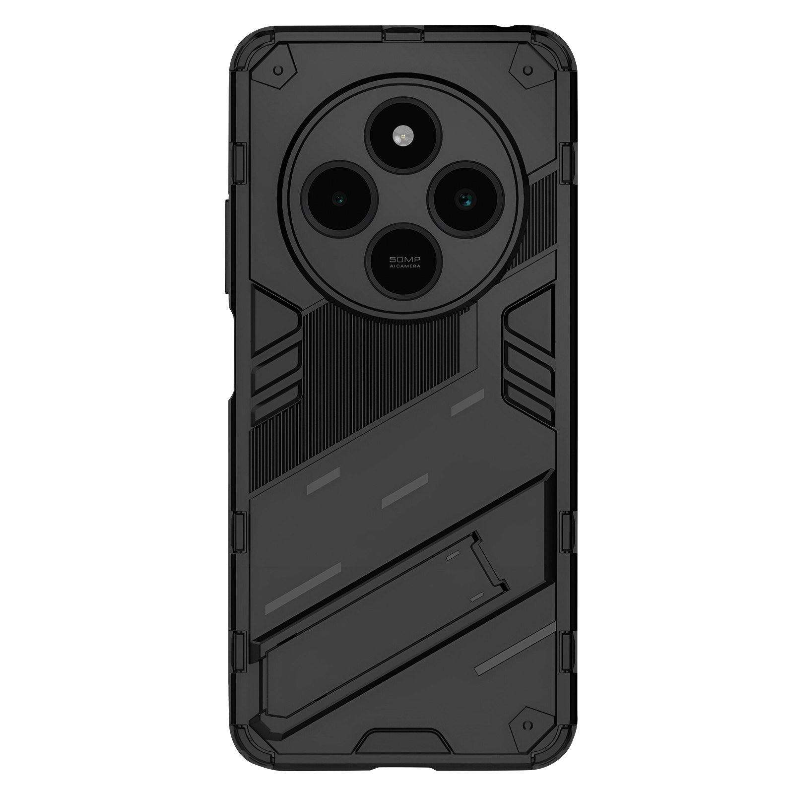 Custodia nera per telefono con design stradale sul retro, con tre obiettivi.