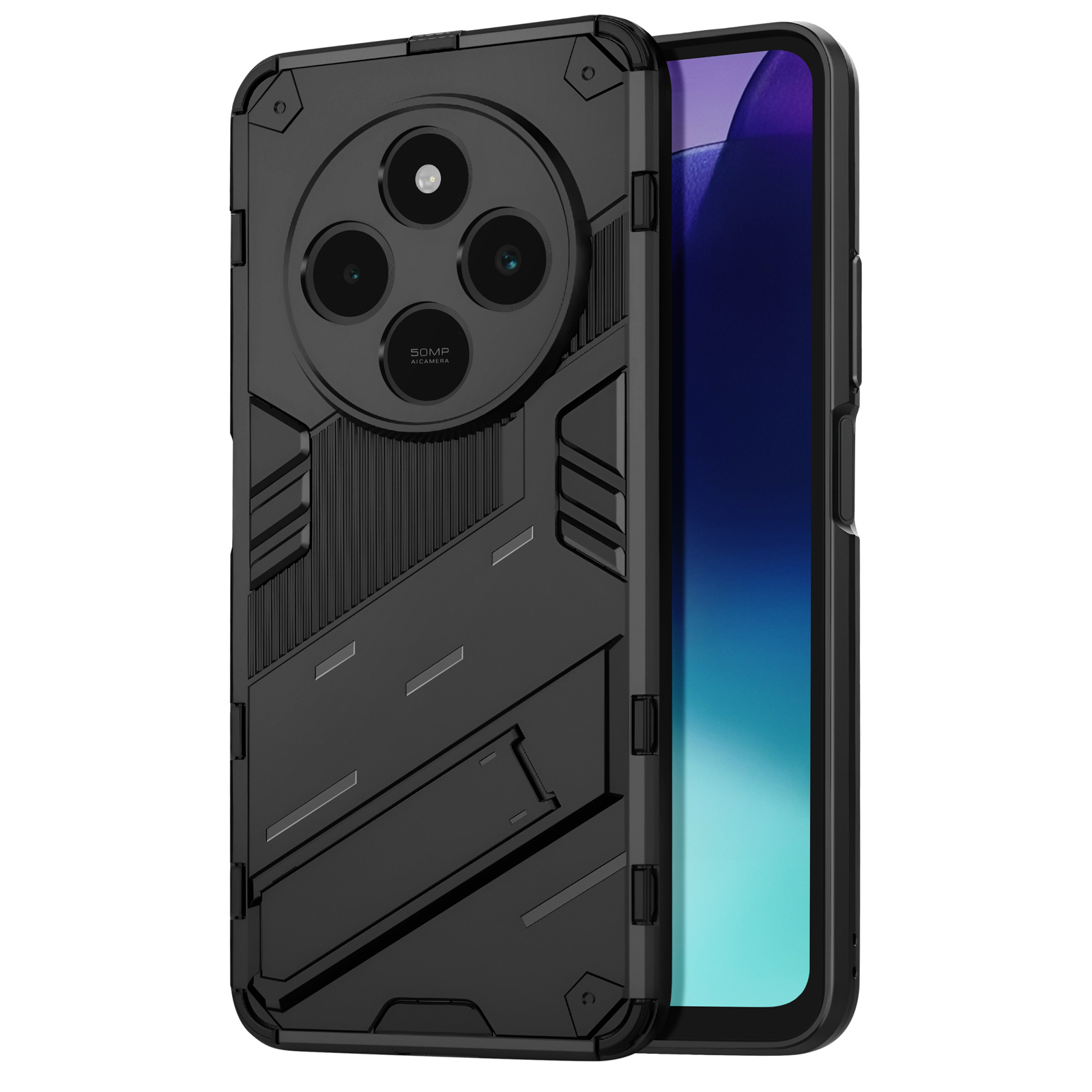 Custodia per telefono nera con un grande modulo fotocamera e un supporto. Lo schermo è visibile.