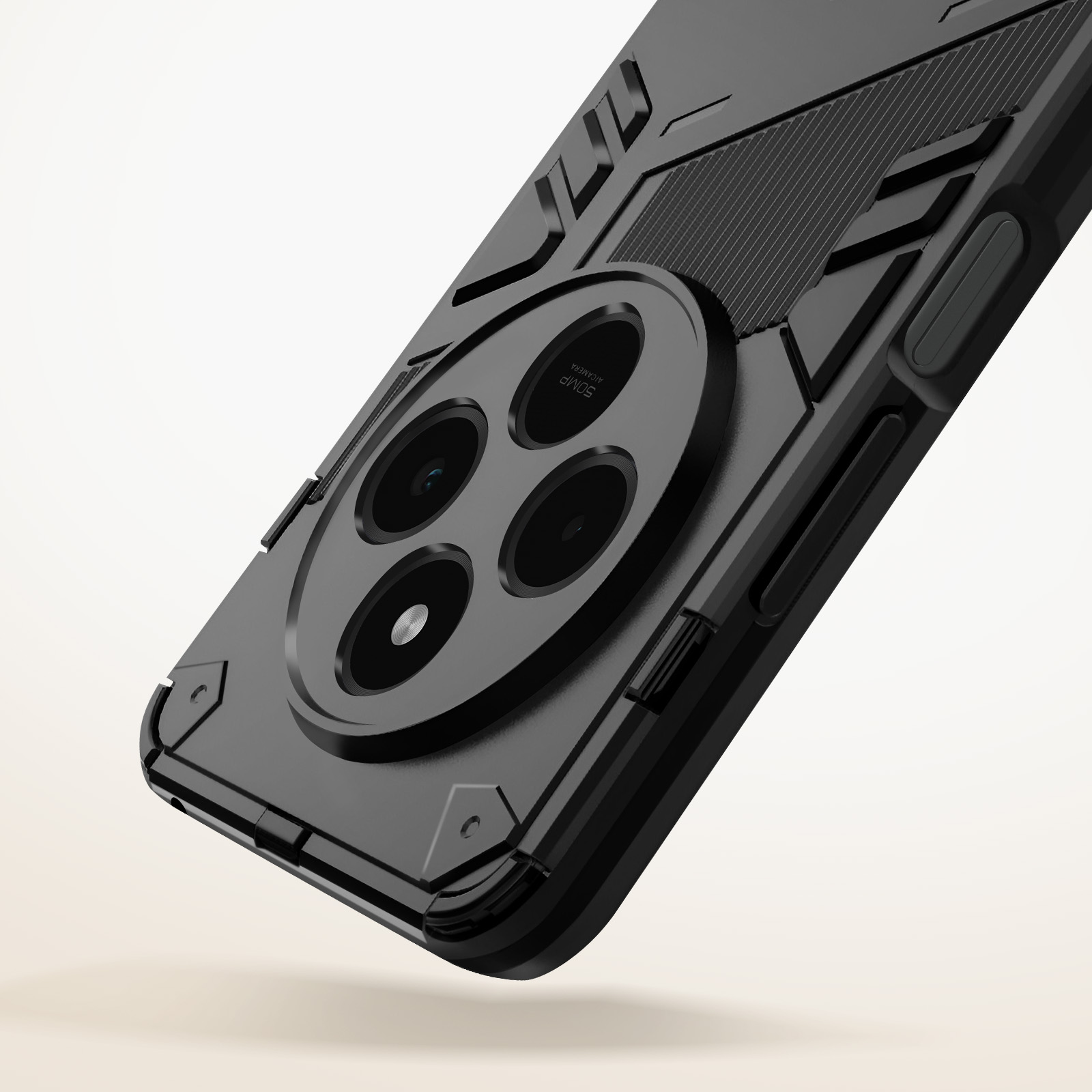 Custodia per telefono nera angolata, mostra l'array di fotocamere. Design angolare con sezione superiore strutturata.