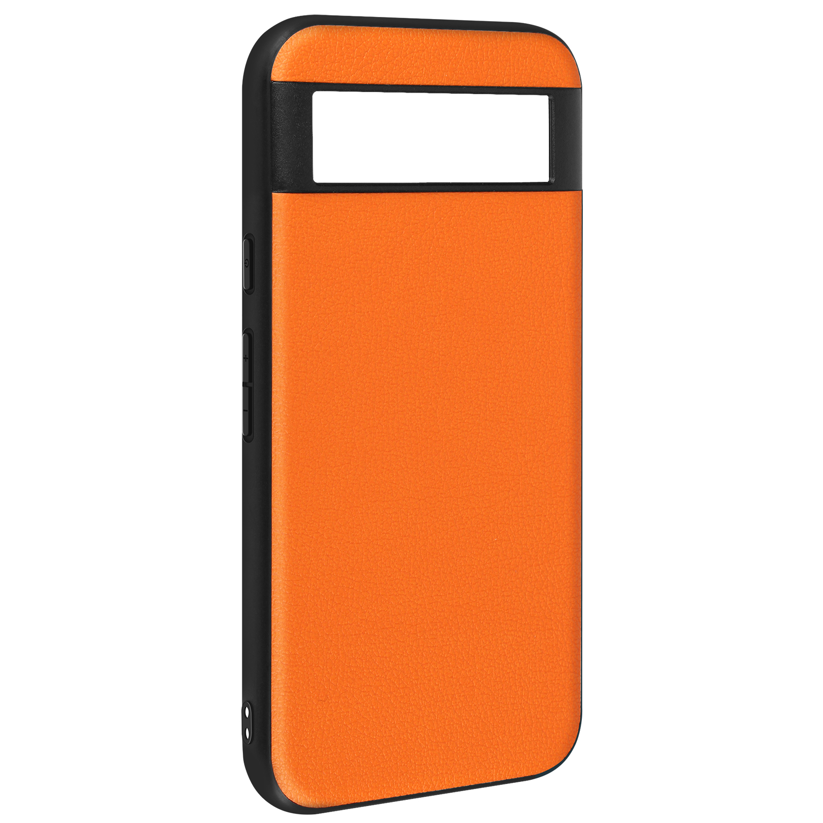 Custodia arancione per telefono con cornice nera. Il retro ha un ritaglio per la fotocamera e materiale strutturato.