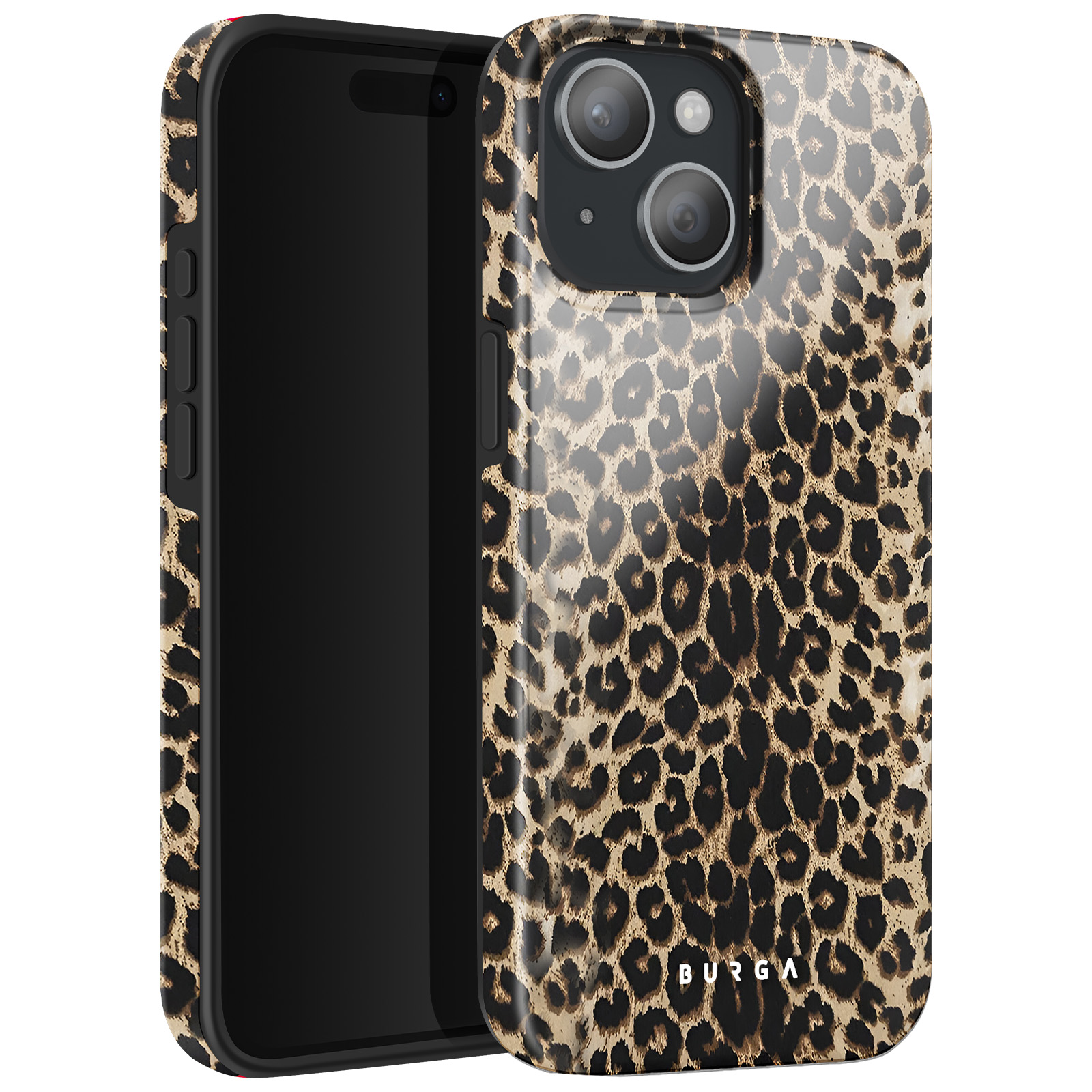 A smartphone in a leopard print case, displayed with the screen visible.