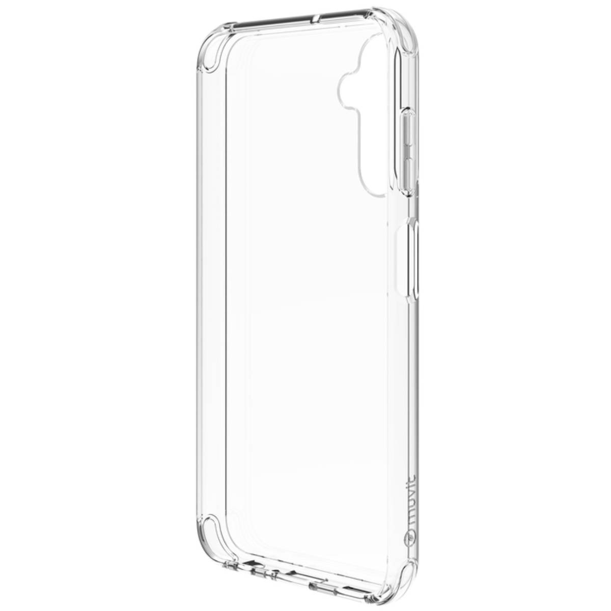 Una custodia trasparente per telefono. La custodia è trasparente. Ha un bordo superiore curvo e un ritaglio per la fotocamera.