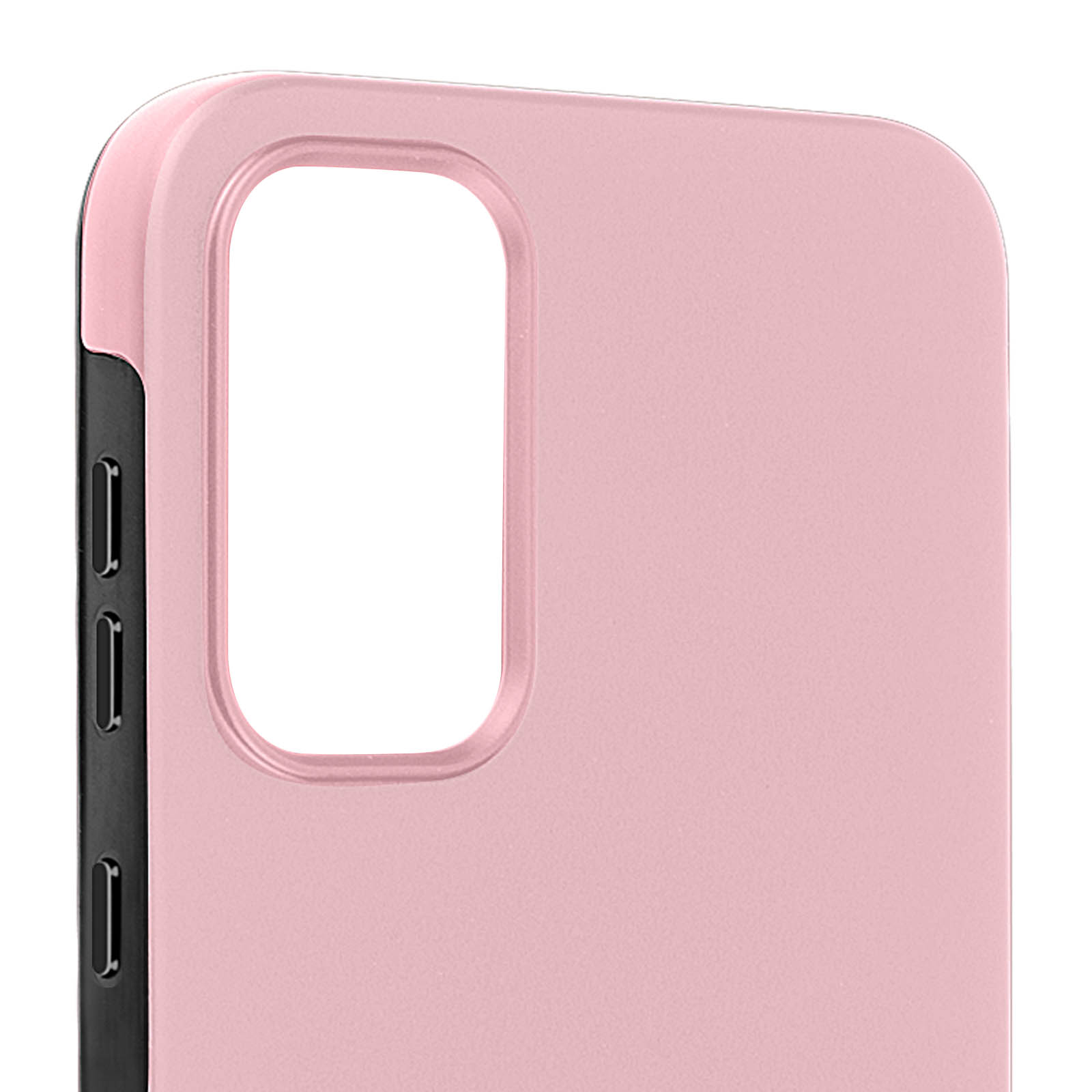 Custodia rosa per telefono. La custodia ha un ritaglio per la fotocamera.