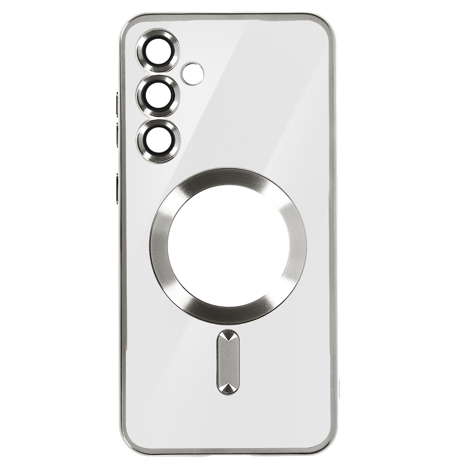 Custodia trasparente con dettagli argento, fori fotocamera e anello magnetico.