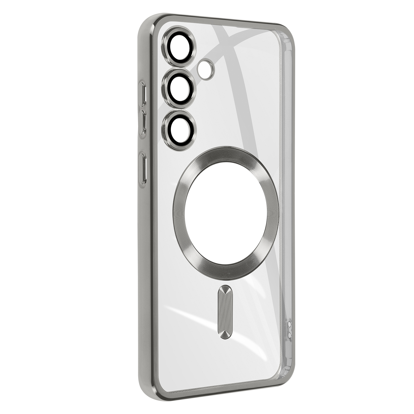 Una custodia per telefono con cornice argentata e retro trasparente, che mostra un ritaglio per la fotocamera.