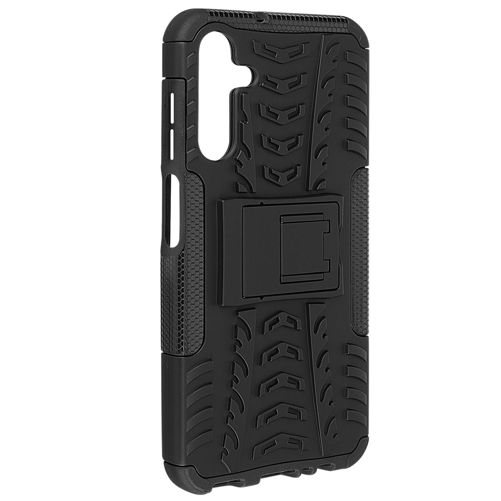 Custodia nera per telefono con design strutturato e supporto.