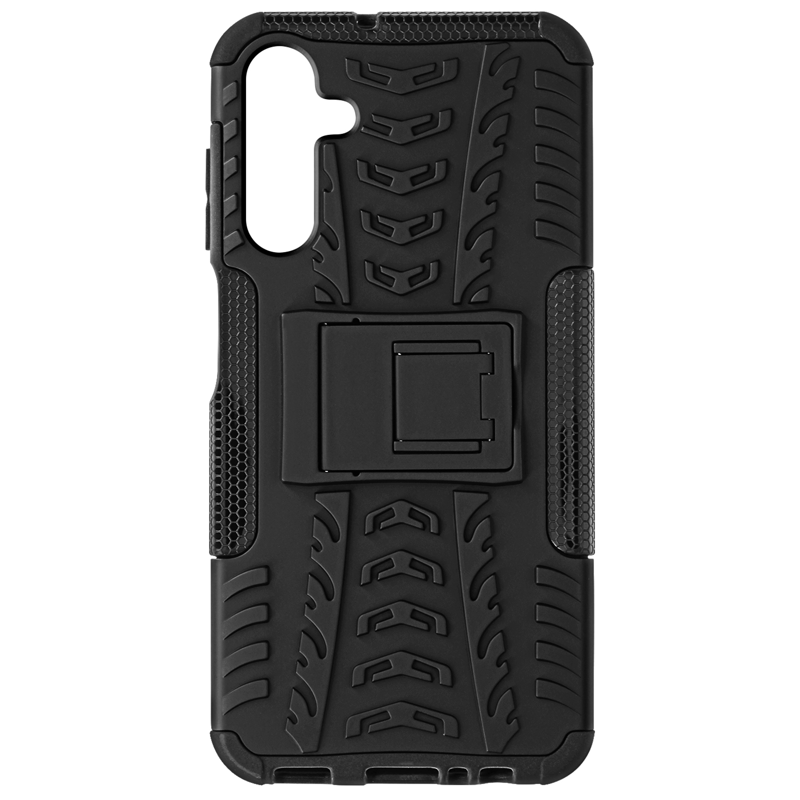Custodia nera per telefono con cavalletto. Presenta un design strutturato sul retro.