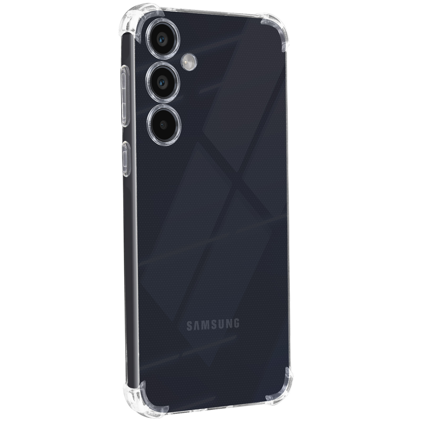 Custodia trasparente con un motivo. Il telefono ha tre lenti della fotocamera.