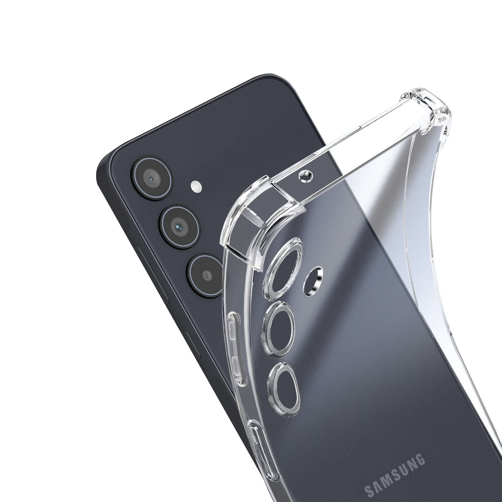 Telefono nero con tre fotocamere. Una custodia trasparente è sul telefono.