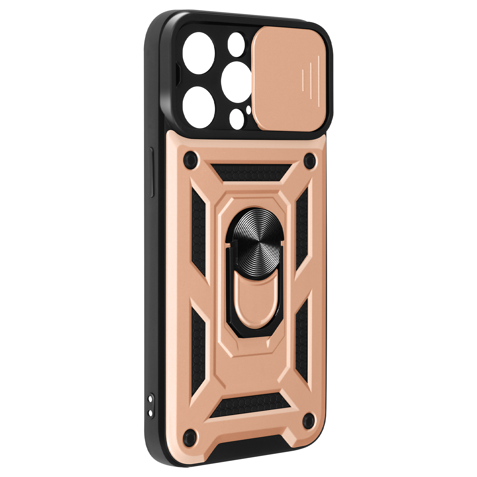 Custodia oro rosa e nera con anello di supporto, angolata. Sono visibili più obiettivi della fotocamera.
