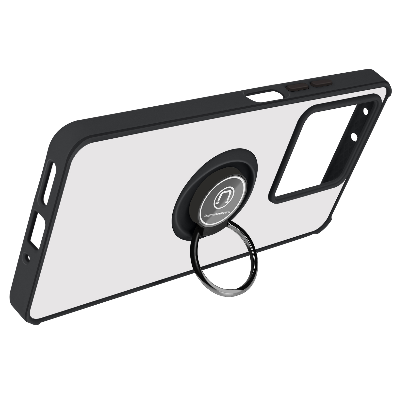 Custodia per telefono con cornice nera e anello di supporto. La custodia è su sfondo bianco.