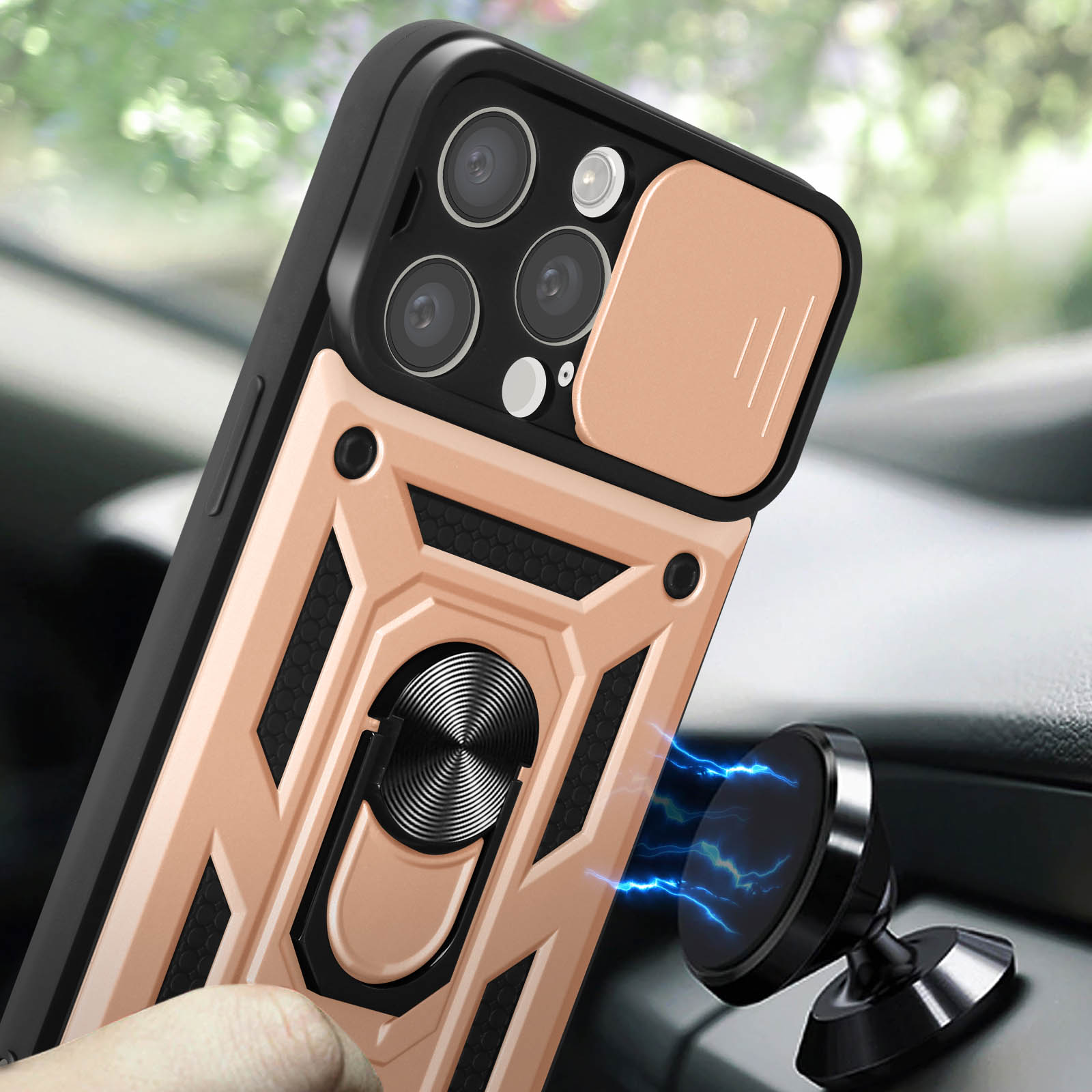 Telefono con custodia dorata, supporto ad anello e supporto magnetico per auto. Il telefono è a fuoco.
