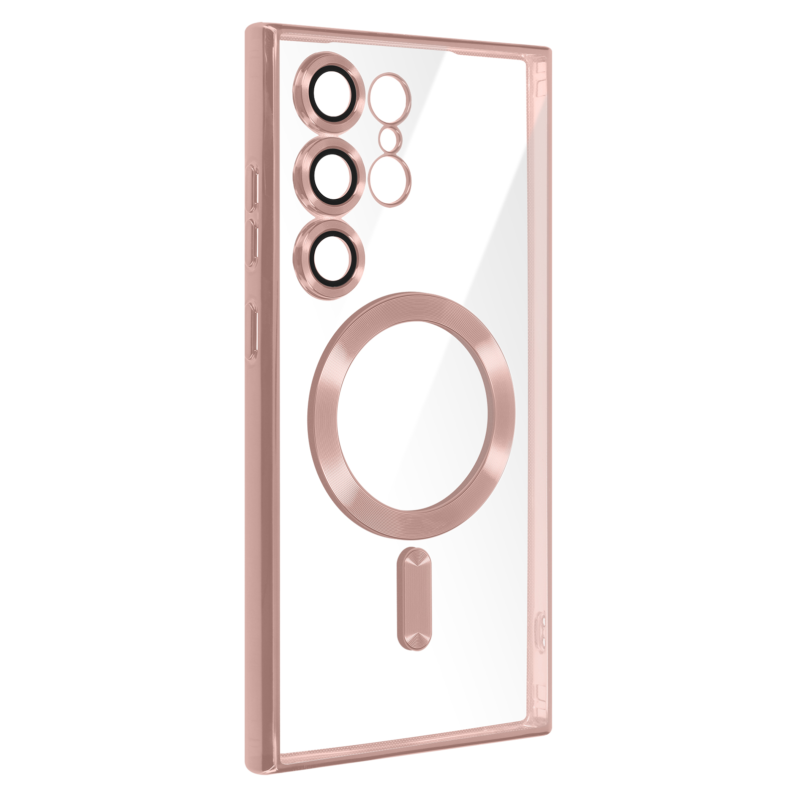 Una custodia trasparente con cornice color oro rosa. La custodia ha un anello magnetico circolare.