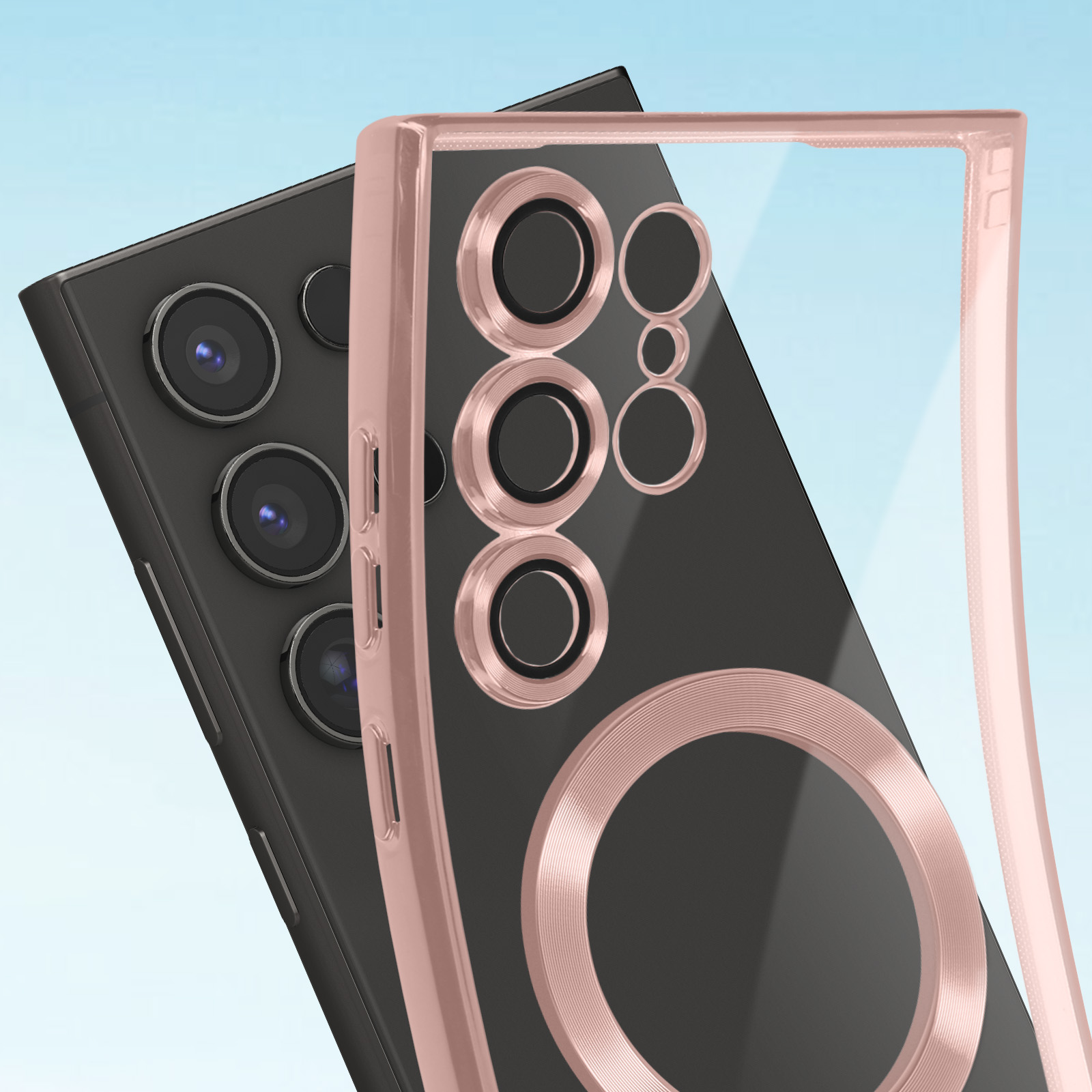 Una custodia per telefono con un design ad anello rosa e un telefono con tre fotocamere. Lo sfondo è azzurro.