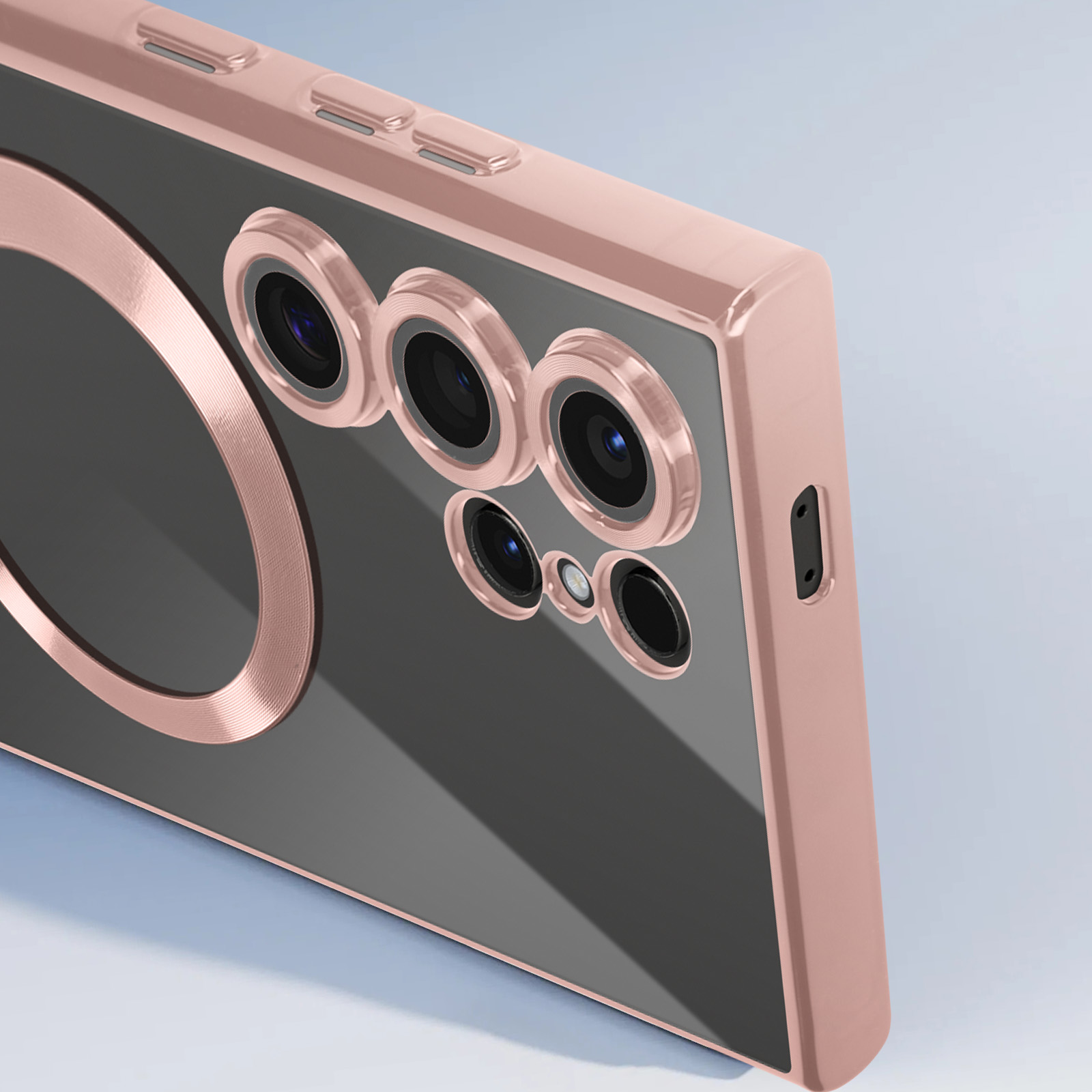 Custodia per telefono oro rosa con fotocamere e un anello magnetico. La custodia ha un retro trasparente.