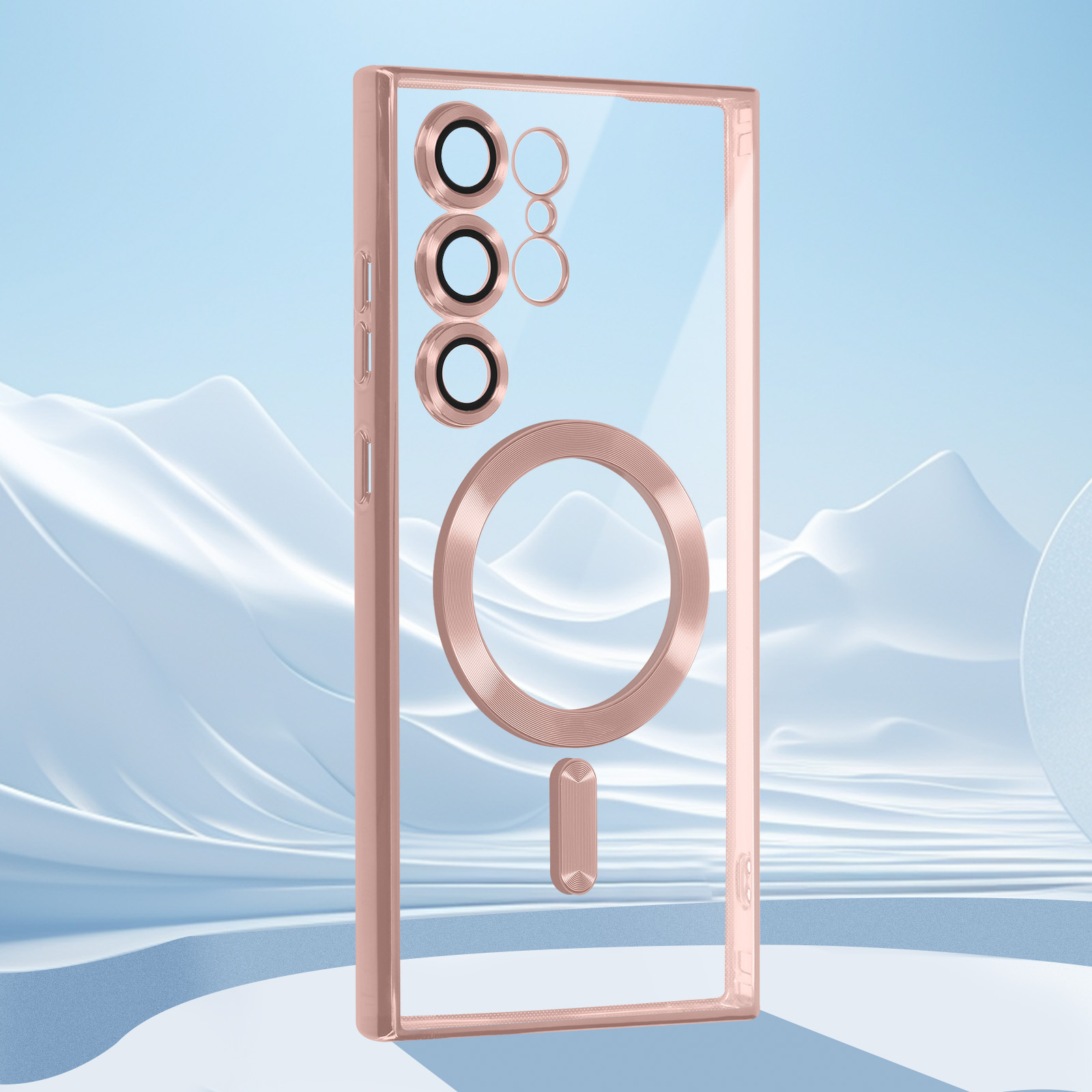 Una custodia oro rosa con retro trasparente e porta anello. Lo sfondo è un paesaggio bianco stilizzato.