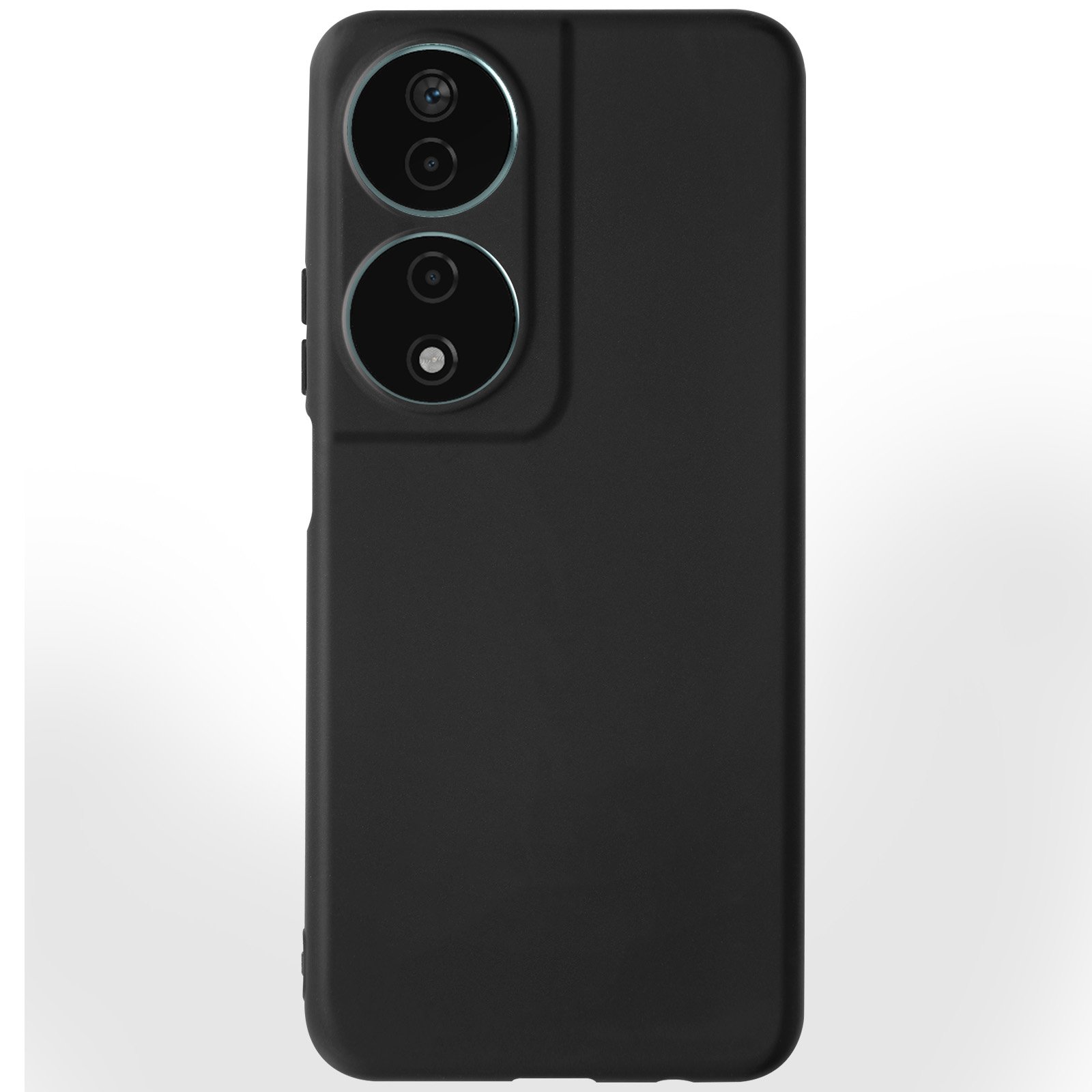Custodia nera per telefono con fori per la fotocamera. Ha uno sfondo bianco.