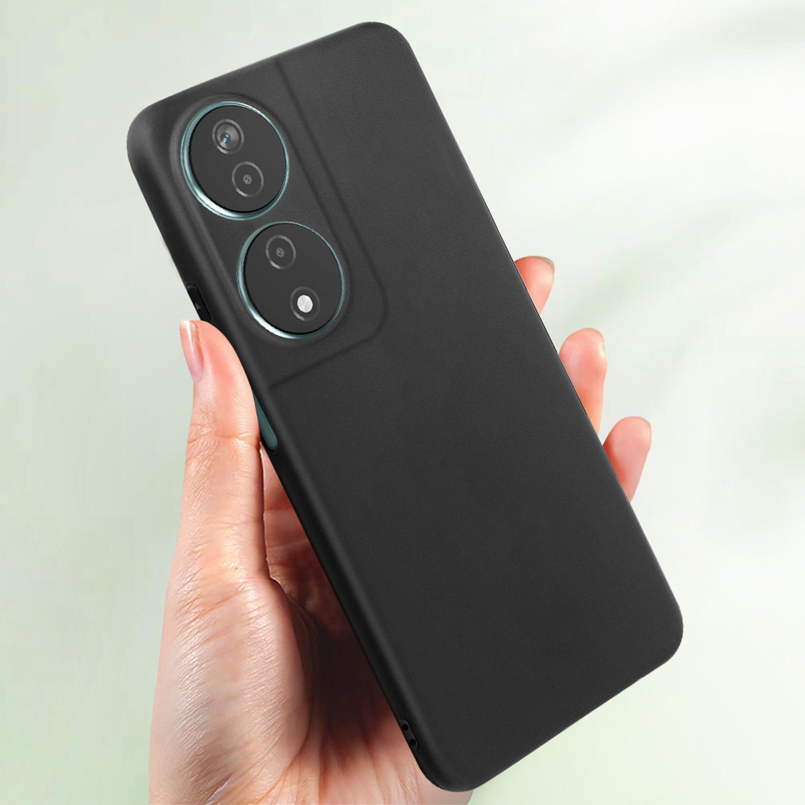 Una custodia nera per telefono tenuta in mano. Sono visibili due obiettivi.