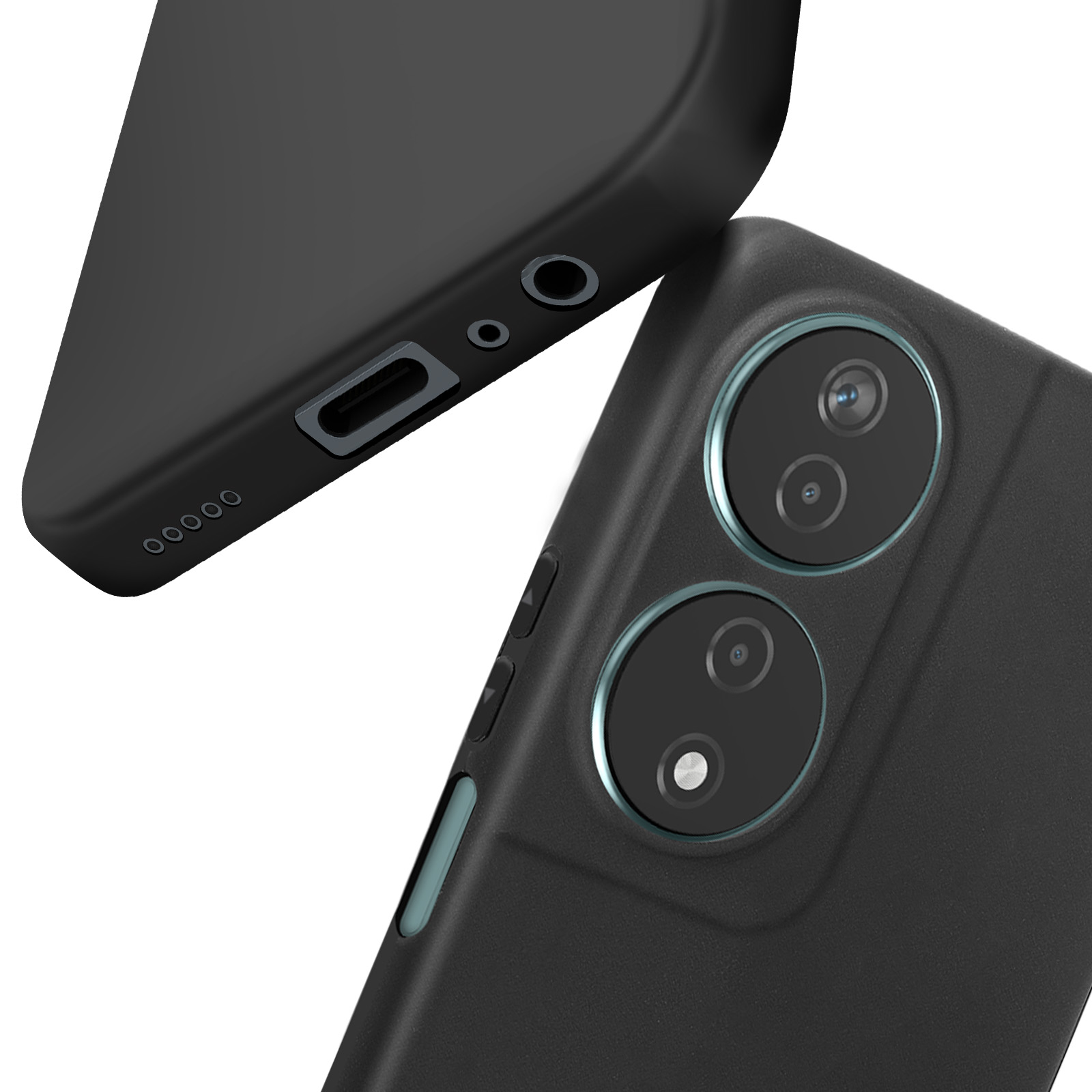 Due custodie nere, una con modulo fotocamera. L'altra mostra porte e pulsanti.