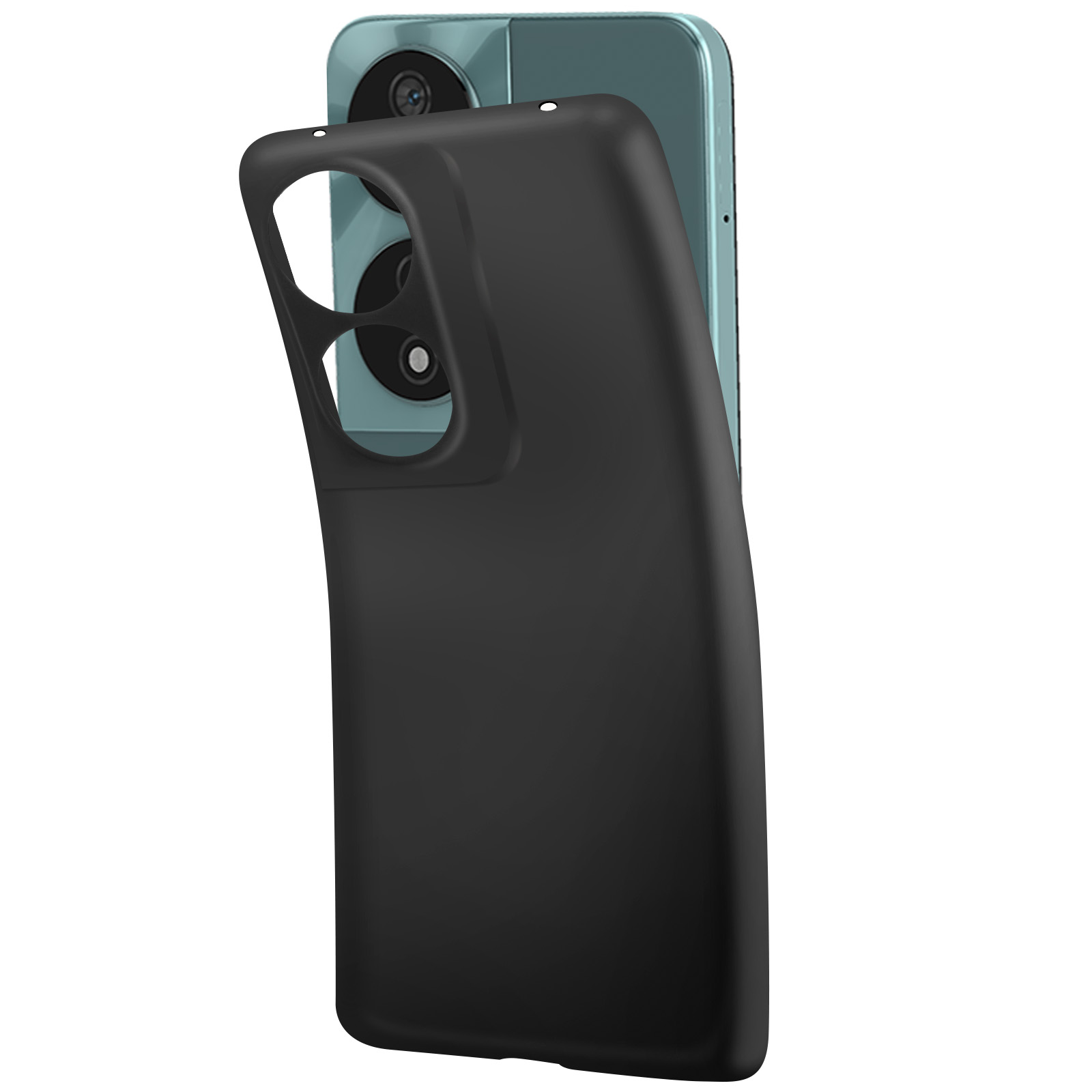 Telefono con custodia nera in fase di rimozione. Il telefono è blu.