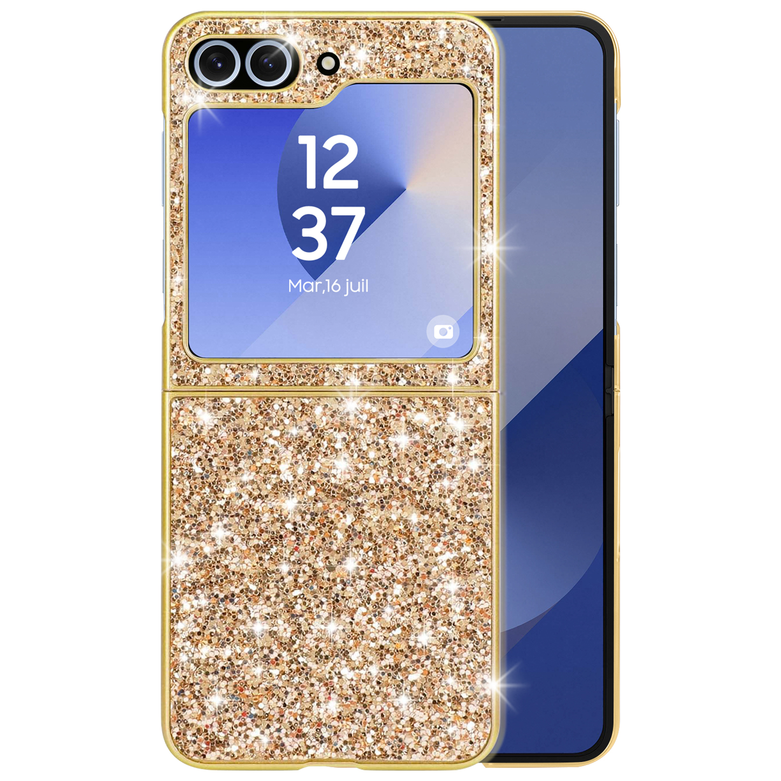 Una custodia per telefono glitterata dorata con un telefono all'interno, che mostra un orologio.