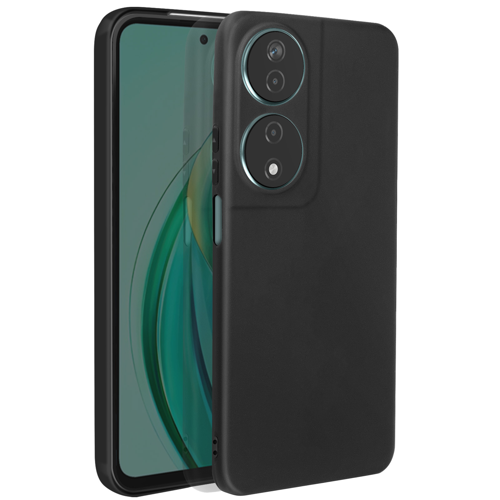 Custodia nera con telefono all'interno, che mostra le fotocamere e lo schermo del telefono.