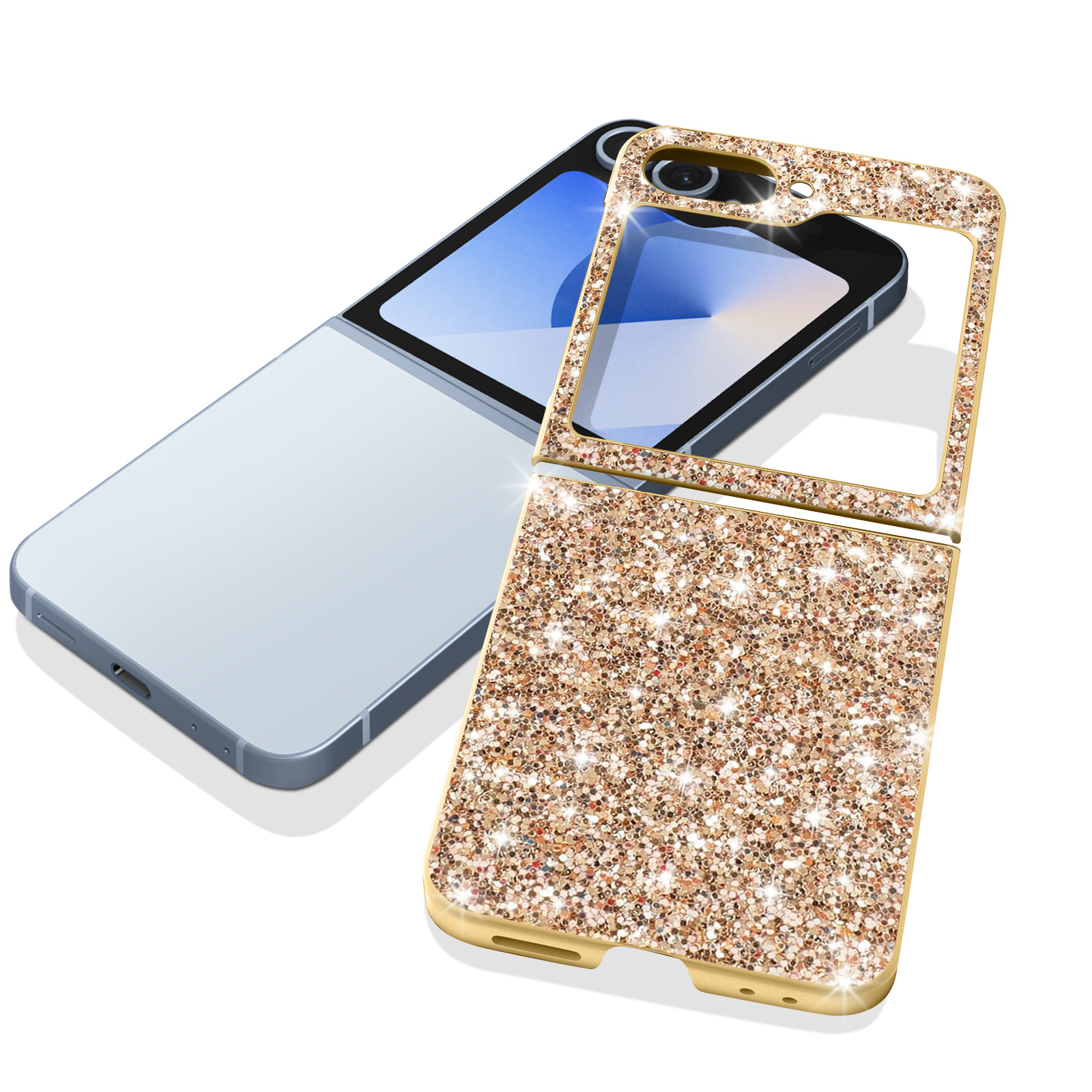 Custodia per telefono glitterata dorata aperta, con telefono abbinato. Sfondo bianco.