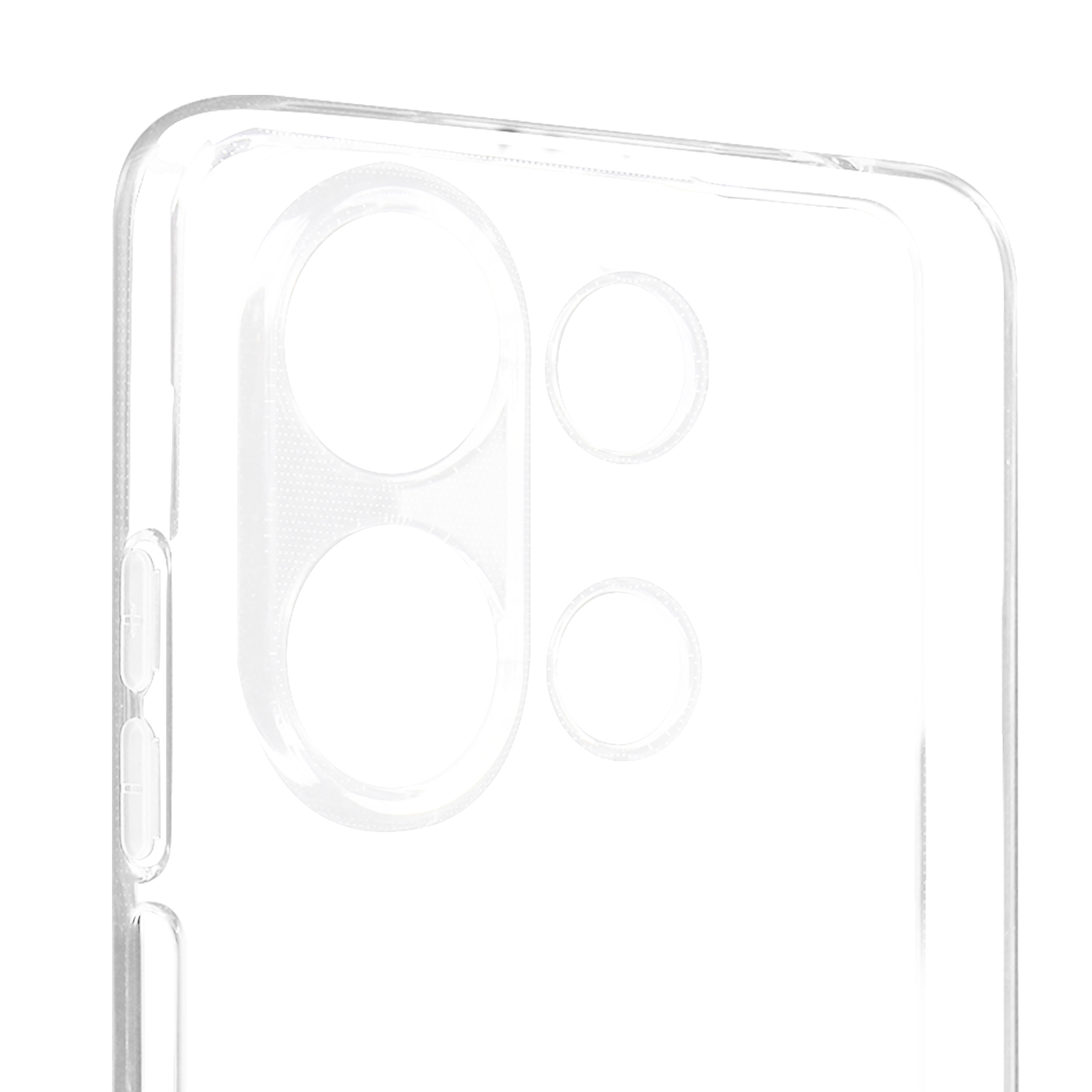 Una custodia trasparente per telefono, che mostra le aperture della fotocamera, su sfondo bianco.