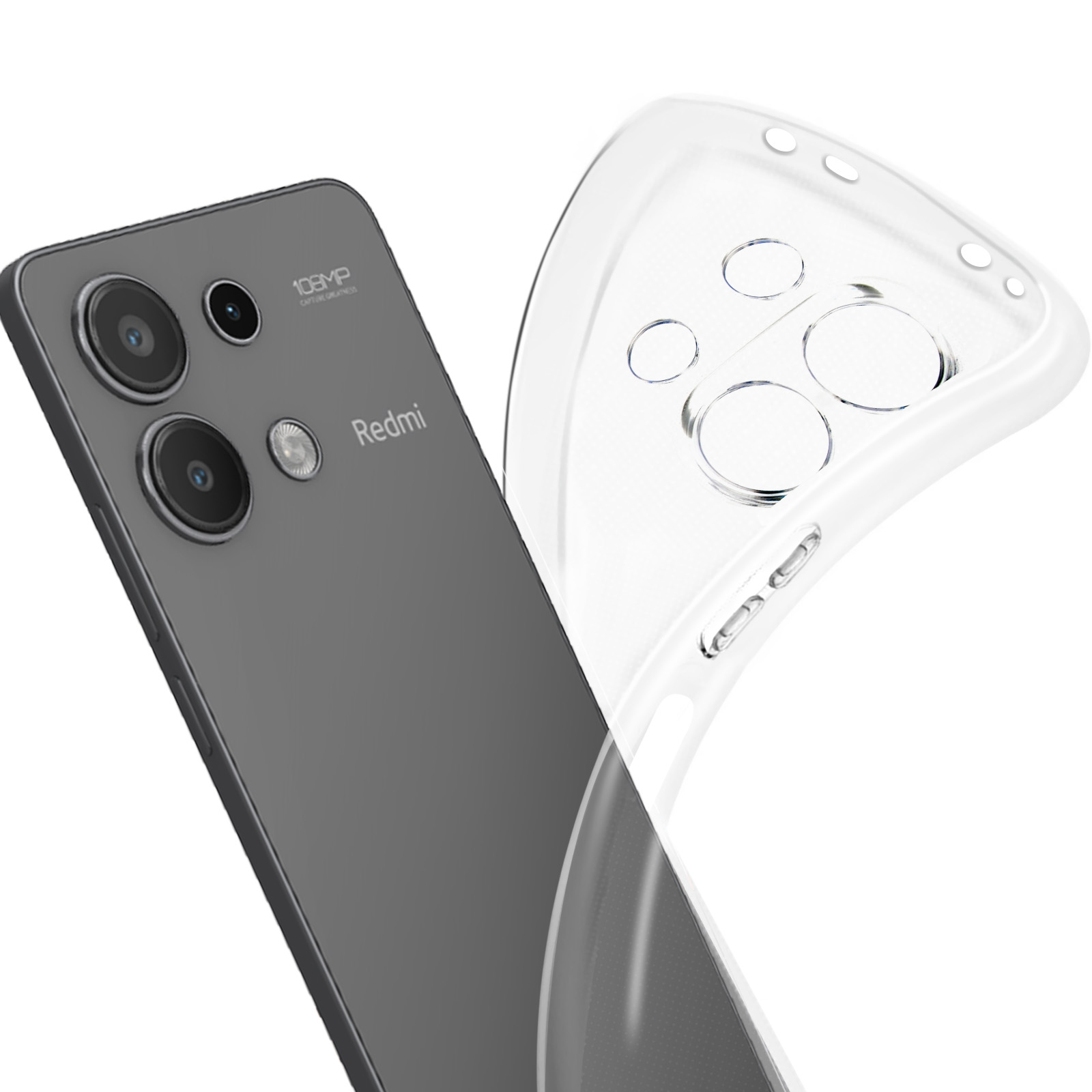 Telefono con custodia trasparente, il retro del telefono è visibile, con sfondo bianco.