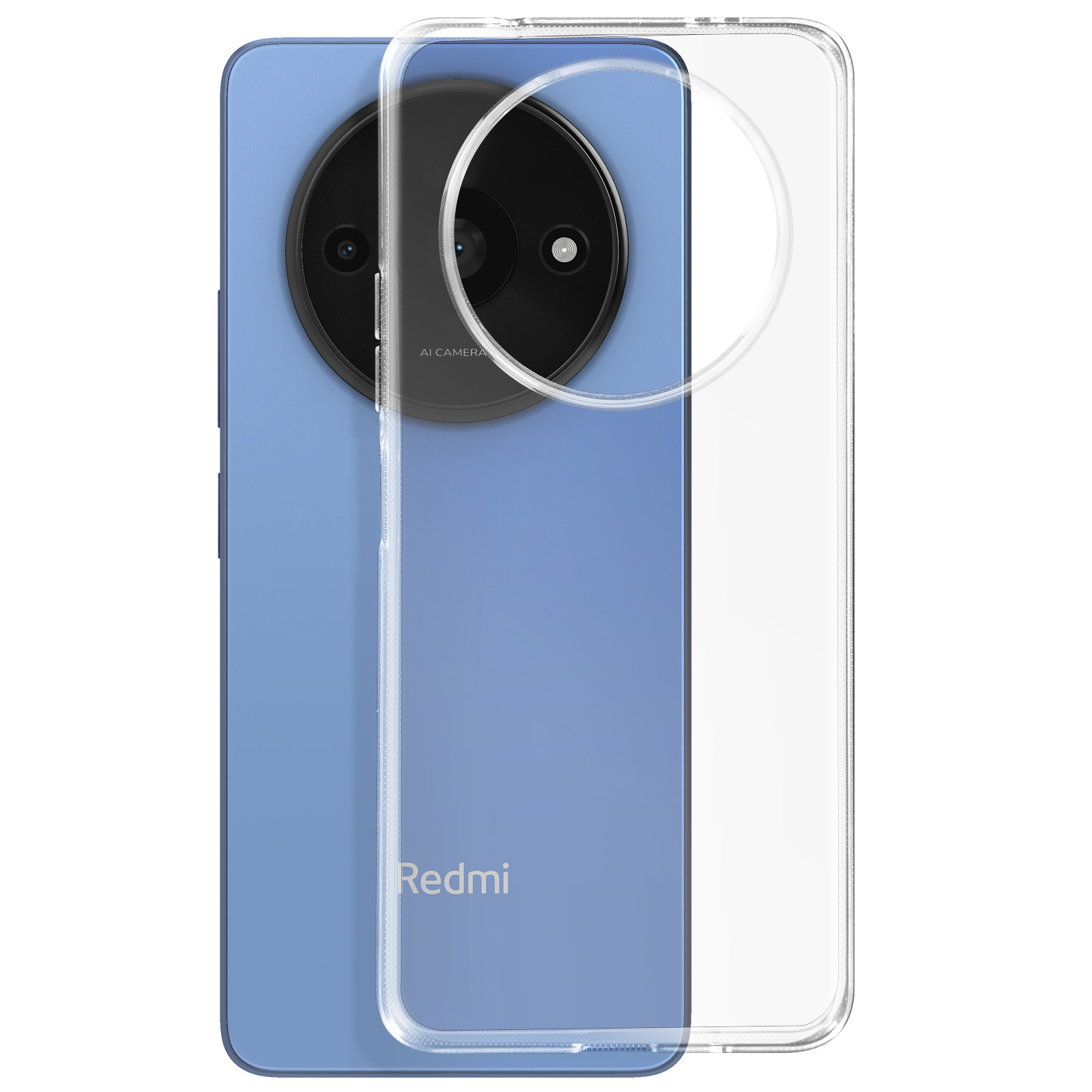 Telefono blu con custodia trasparente. La custodia è trasparente e copre la fotocamera.