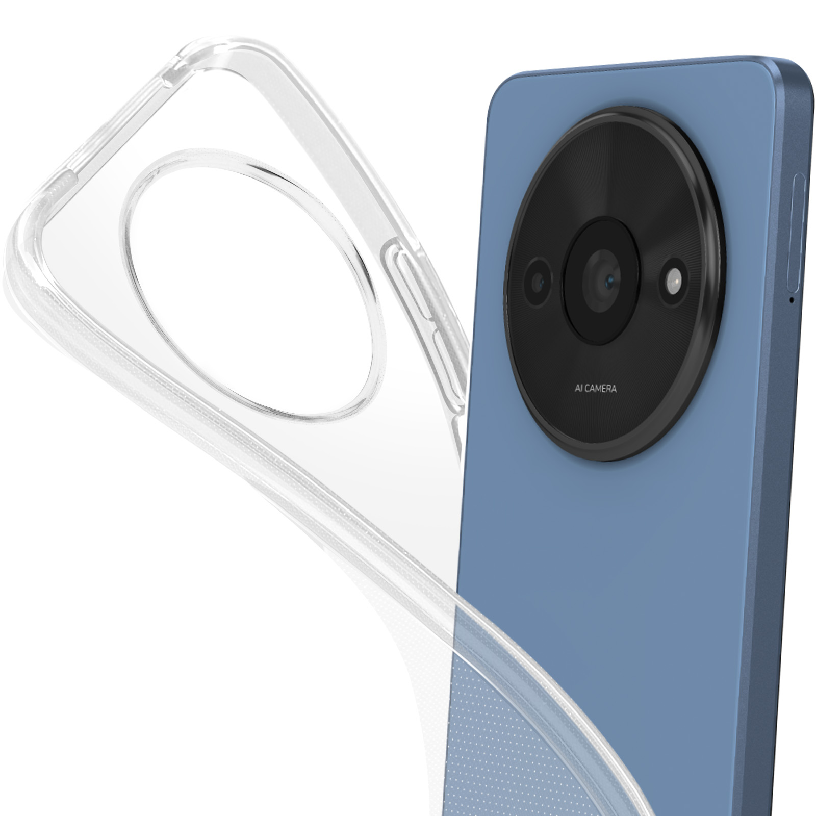 Telefono con retro blu e una custodia trasparente. La fotocamera ha un'ampia lente circolare.
