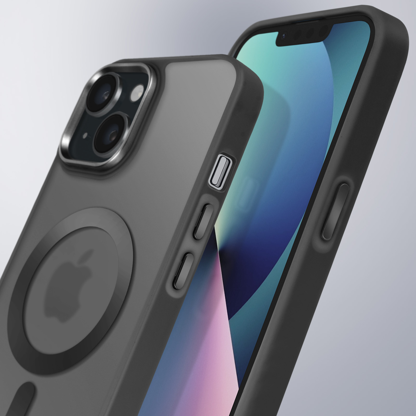 Custodia per telefono nera e grigia con logo Apple, che mostra il telefono e la custodia.