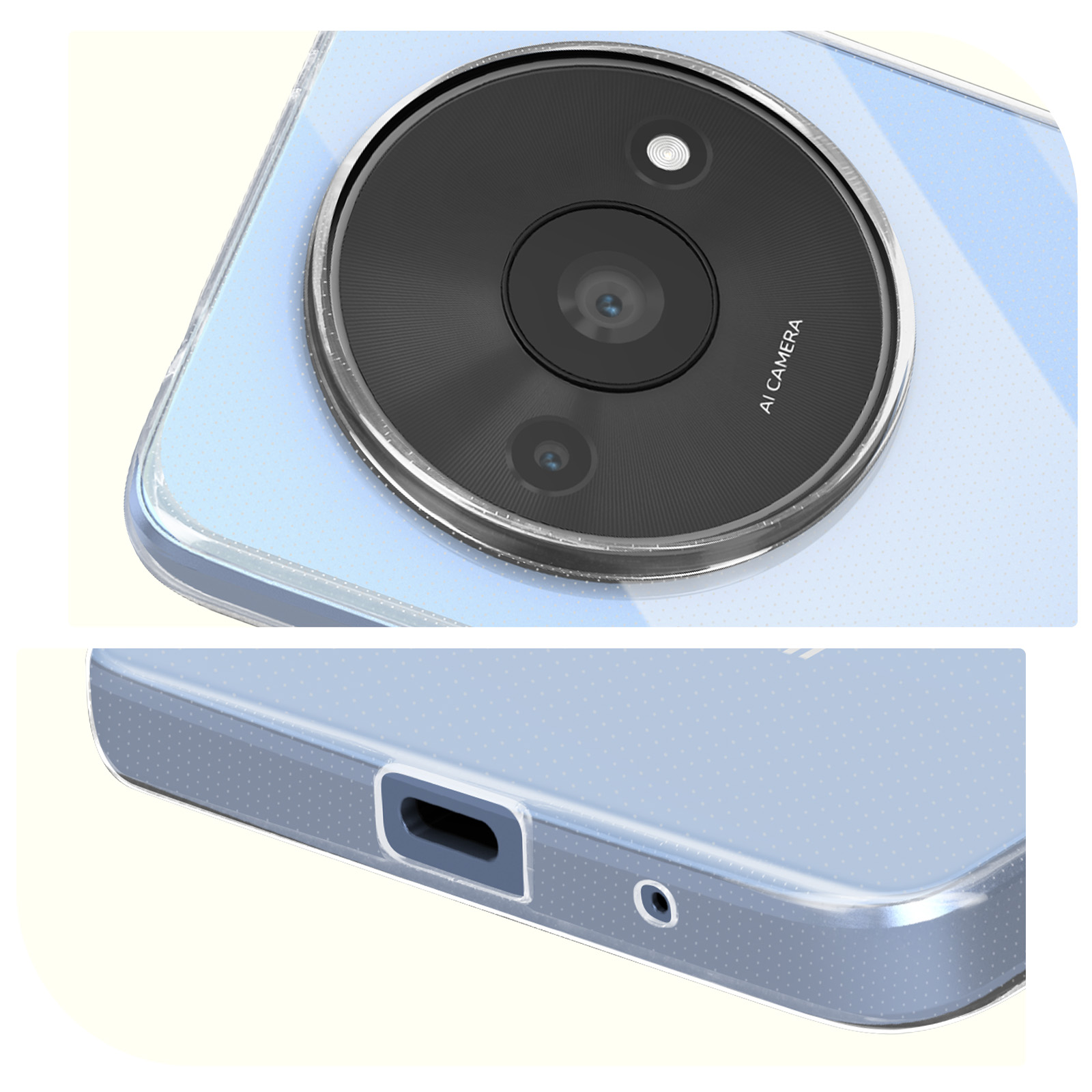 Custodia trasparente con dettaglio della fotocamera. La custodia mostra l'obiettivo della fotocamera e ha il testo AI camera.