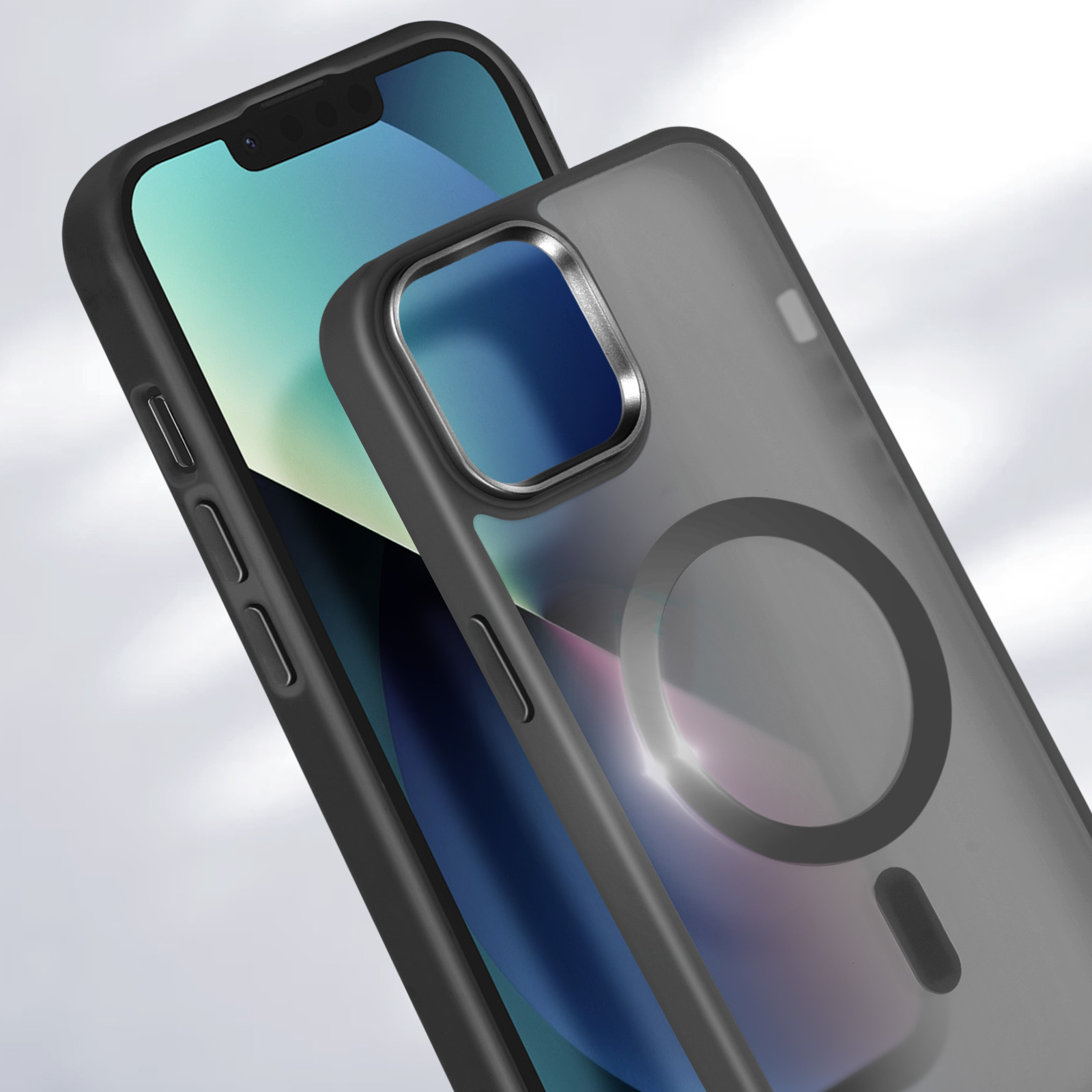 Un telefono nero con una custodia. La custodia è trasparente con una cornice nera e un anello magnetico.