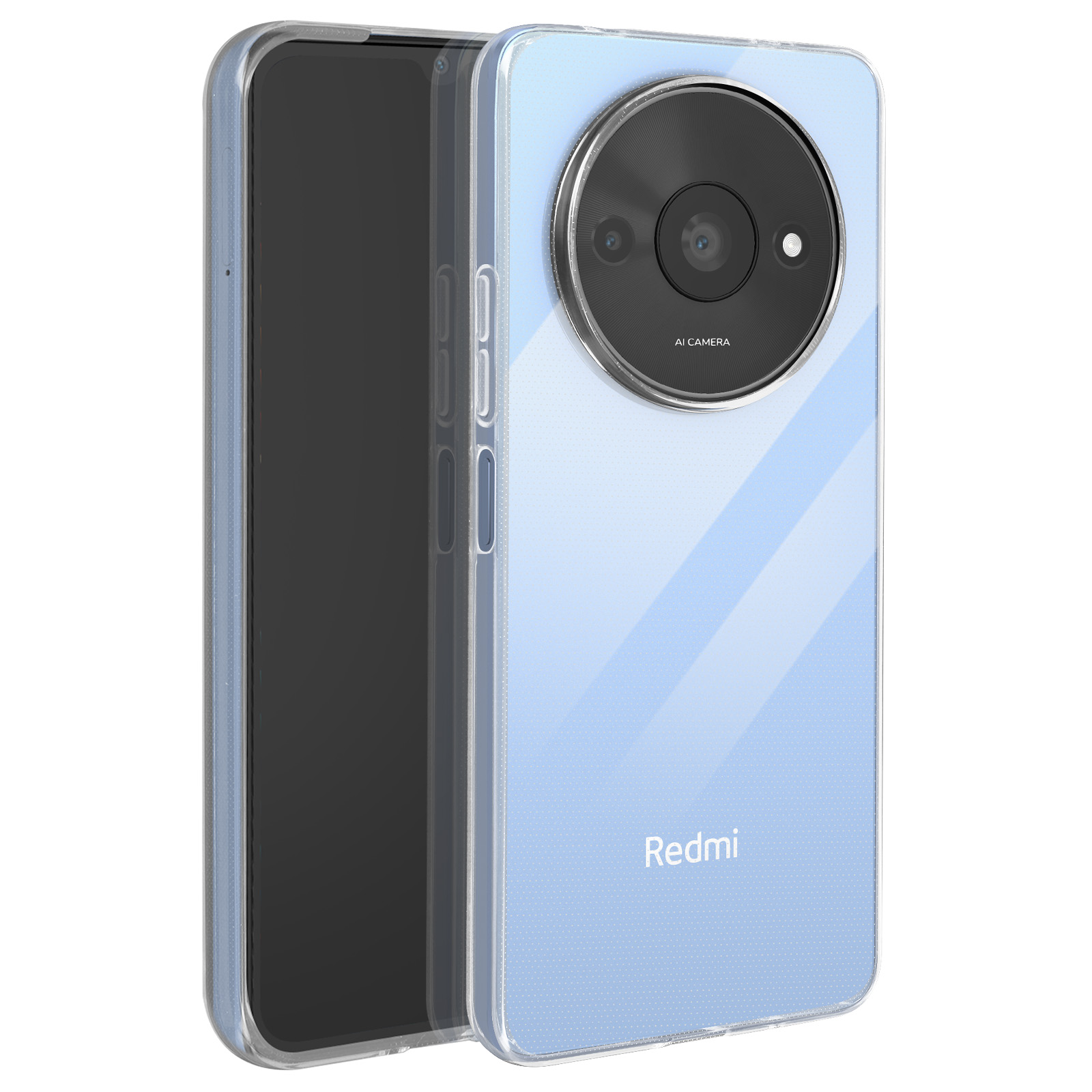 Un telefono blu con una custodia trasparente. La custodia ha un ritaglio per la fotocamera e un logo Redmi.