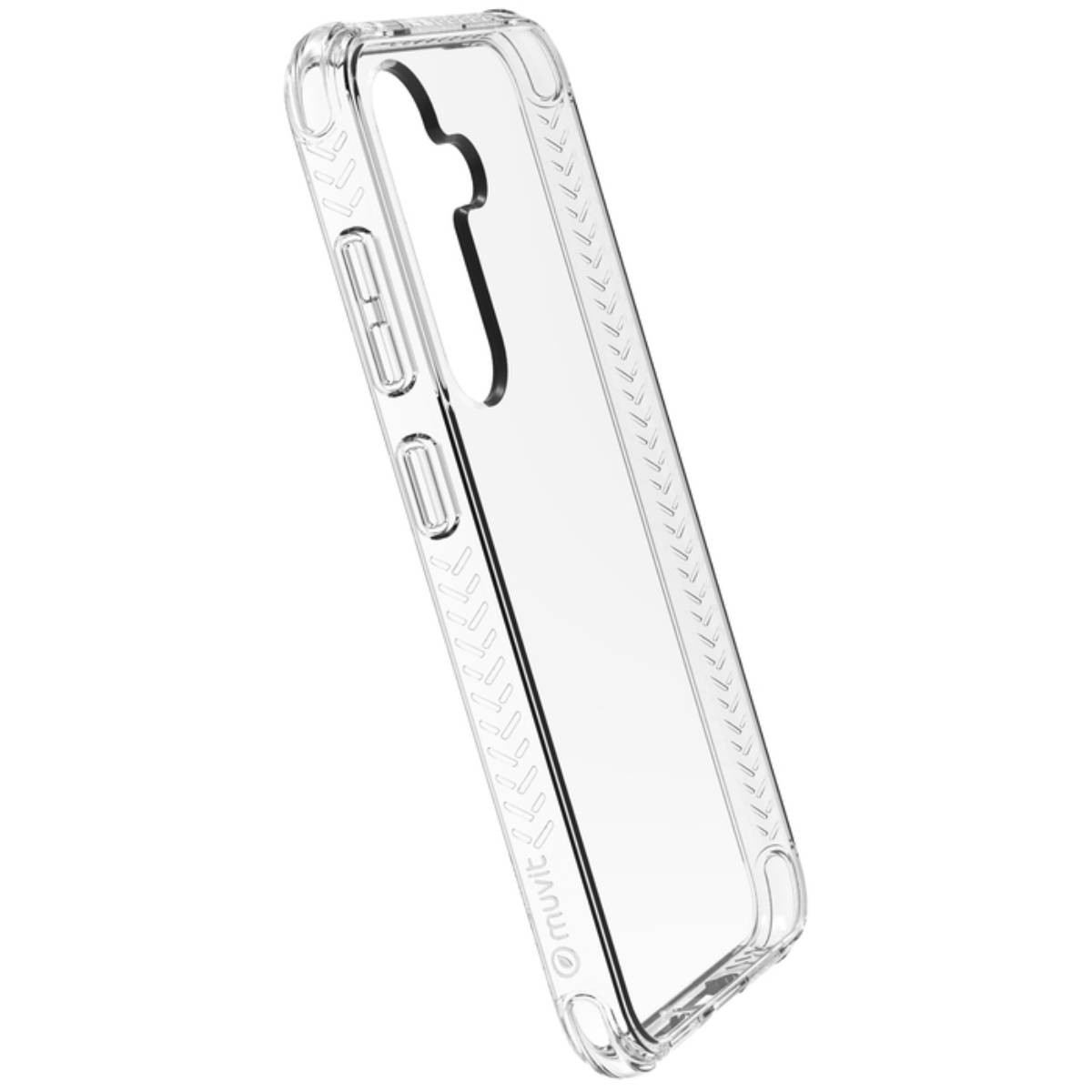 Custodia trasparente per telefono. La custodia ha un design a motivi sul lato.