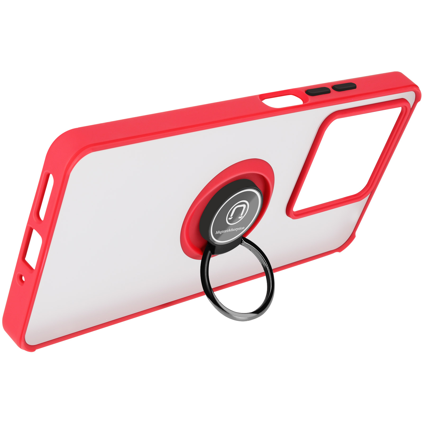 Custodia rossa con anello di supporto. La custodia è rossa con retro bianco e anello nero.