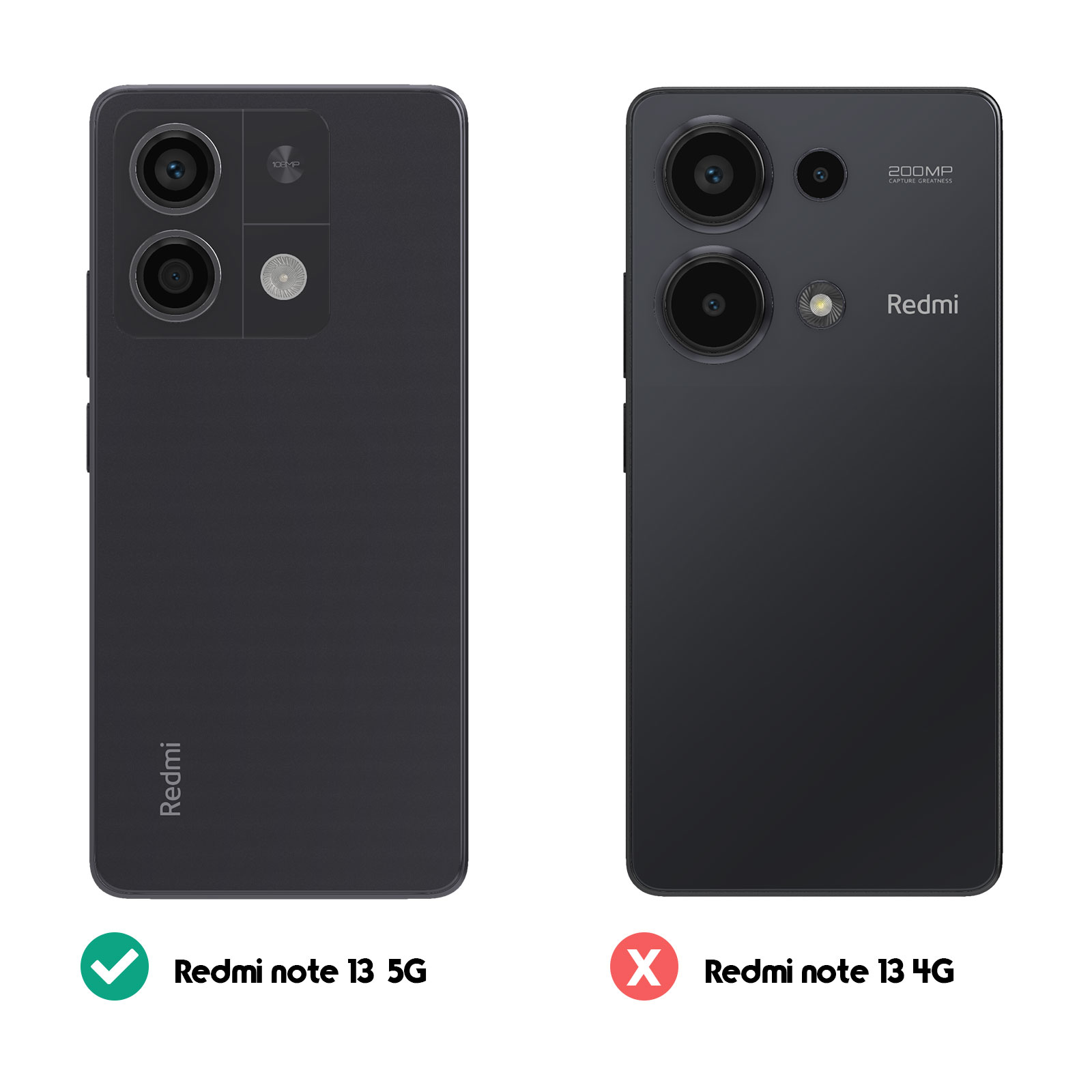 Due telefoni neri, uno con 4 fotocamere e l'altro con 3. Un telefono è etichettato come Redmi note 13 5G.
