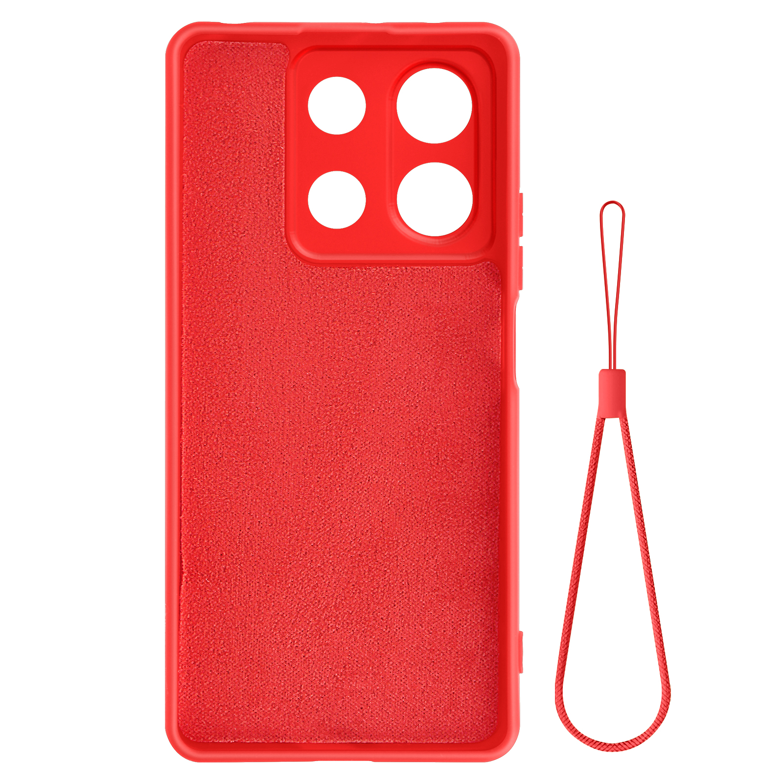 Custodia rossa per telefono con quattro fori per fotocamera e cordino rosso attaccato.