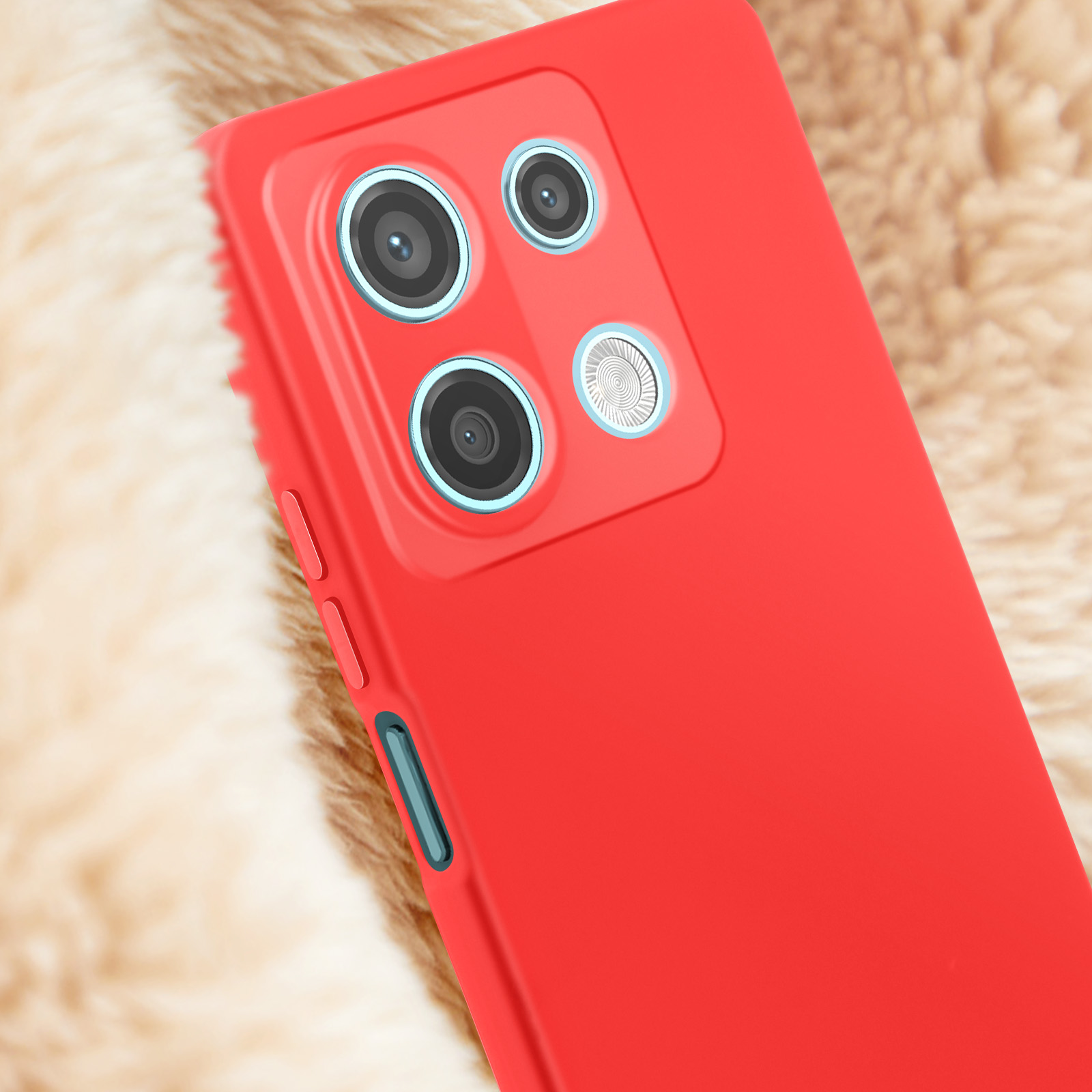 Custodia rossa con lenti multiple su una texture soffice.