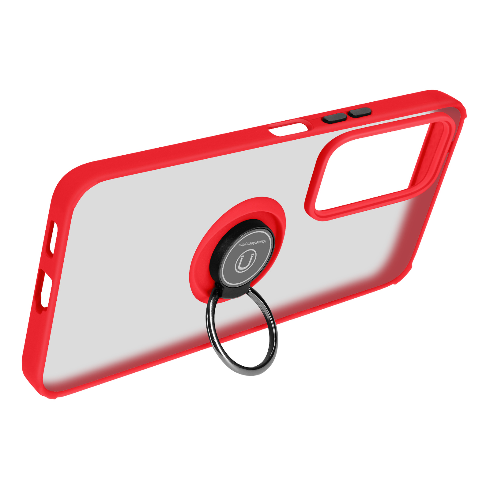 Custodia rossa con retro trasparente e supporto ad anello, con telefono inserito.
