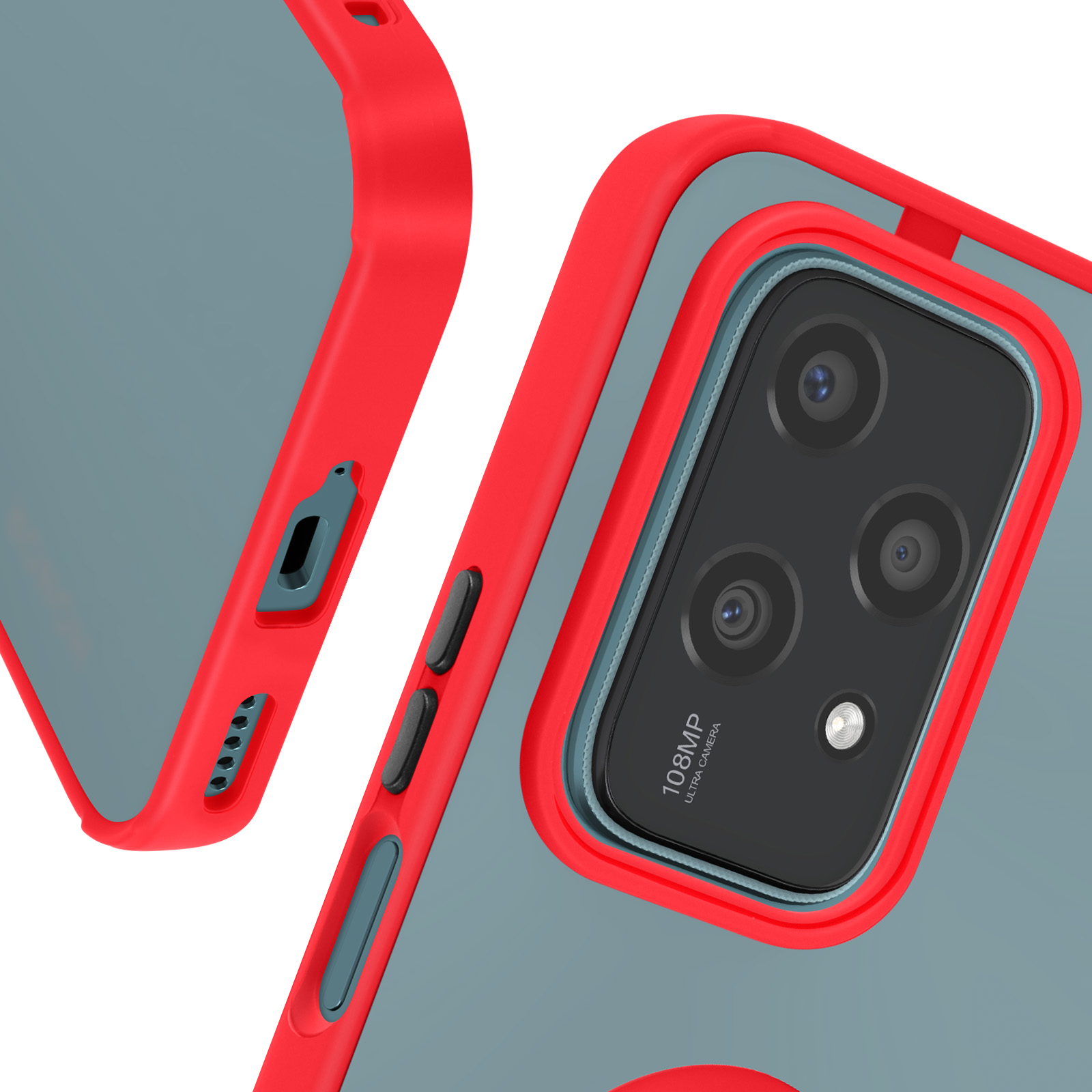 Una custodia per telefono rossa e blu. La custodia ha ritagli per la fotocamera e i pulsanti. Il telefono è visibile.