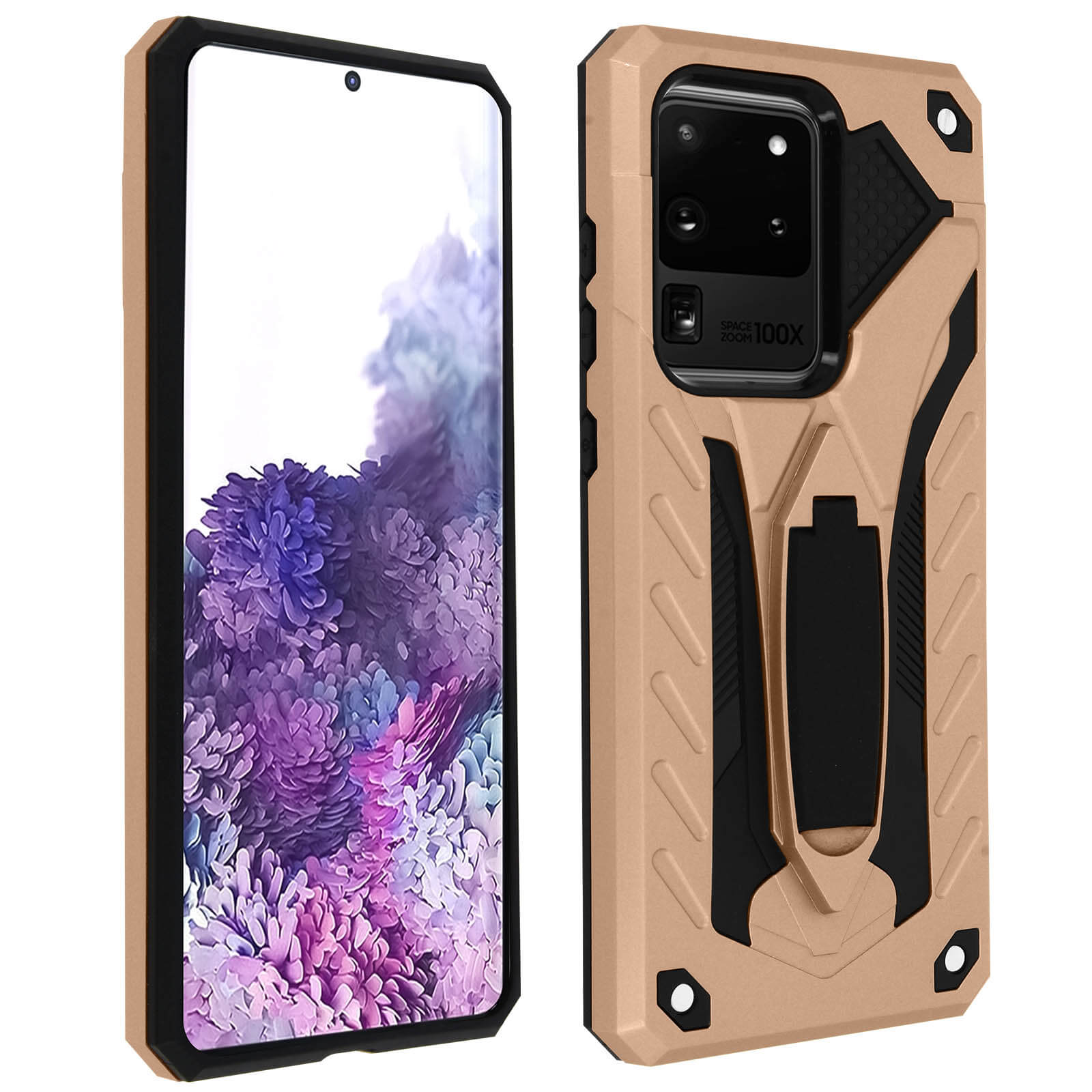 Telefono Samsung con custodia oro e nera. La custodia ha un supporto. Lo schermo mostra fiori viola.