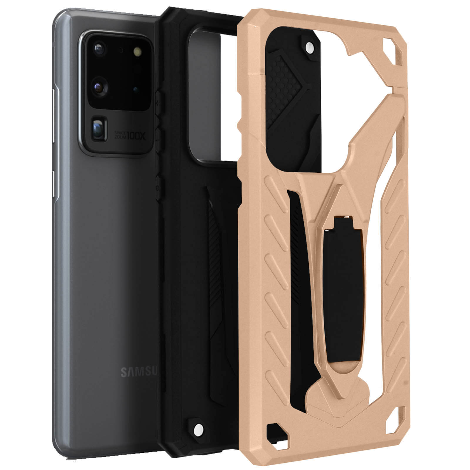 Tre custodie per telefono con un telefono. Il telefono è grigio e le custodie sono nere e beige.