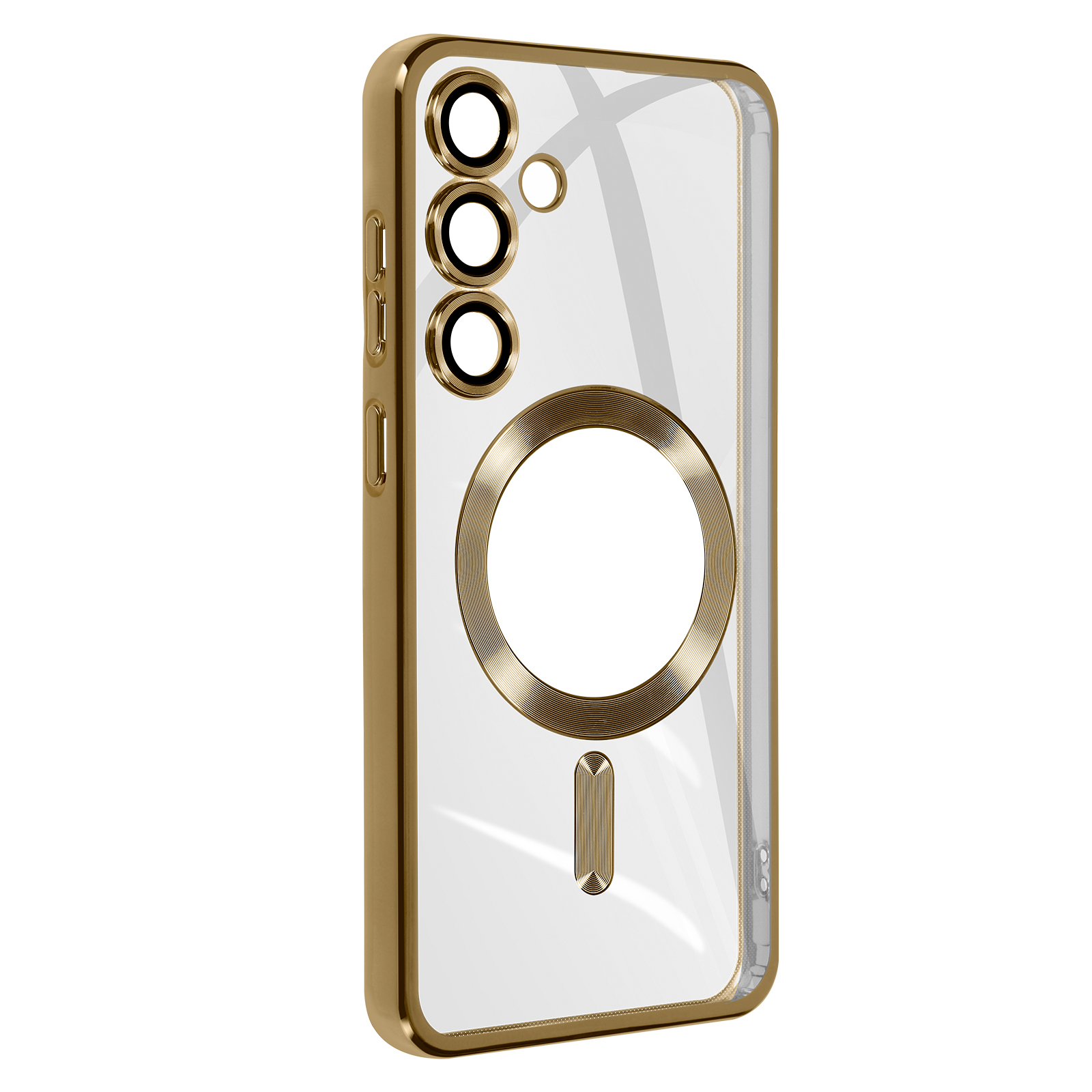 Una custodia per telefono con bordo color oro e retro trasparente. Ha fotocamera e anello magnetico.
