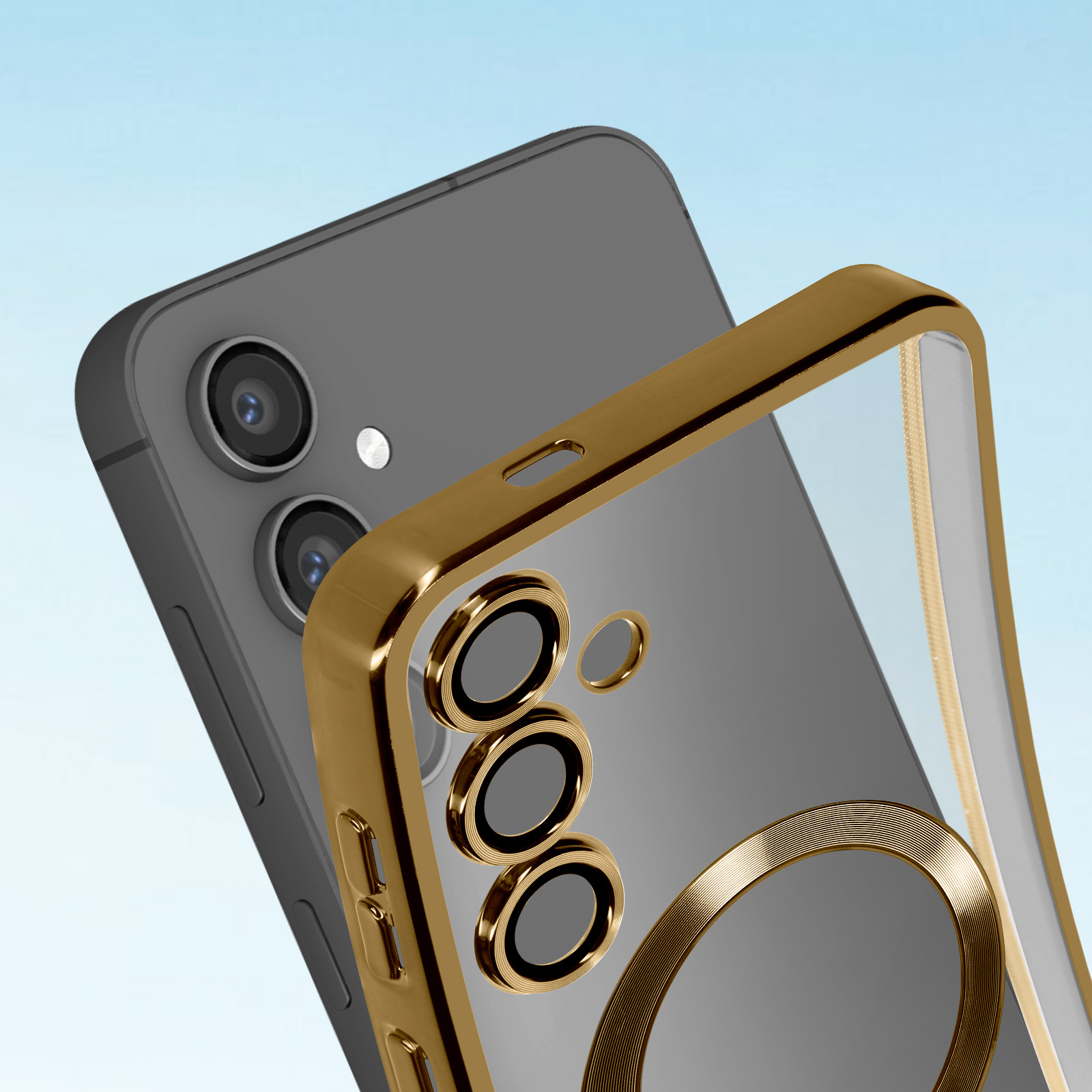 Telefono con cornice dorata e custodia trasparente. Con tre obiettivi.