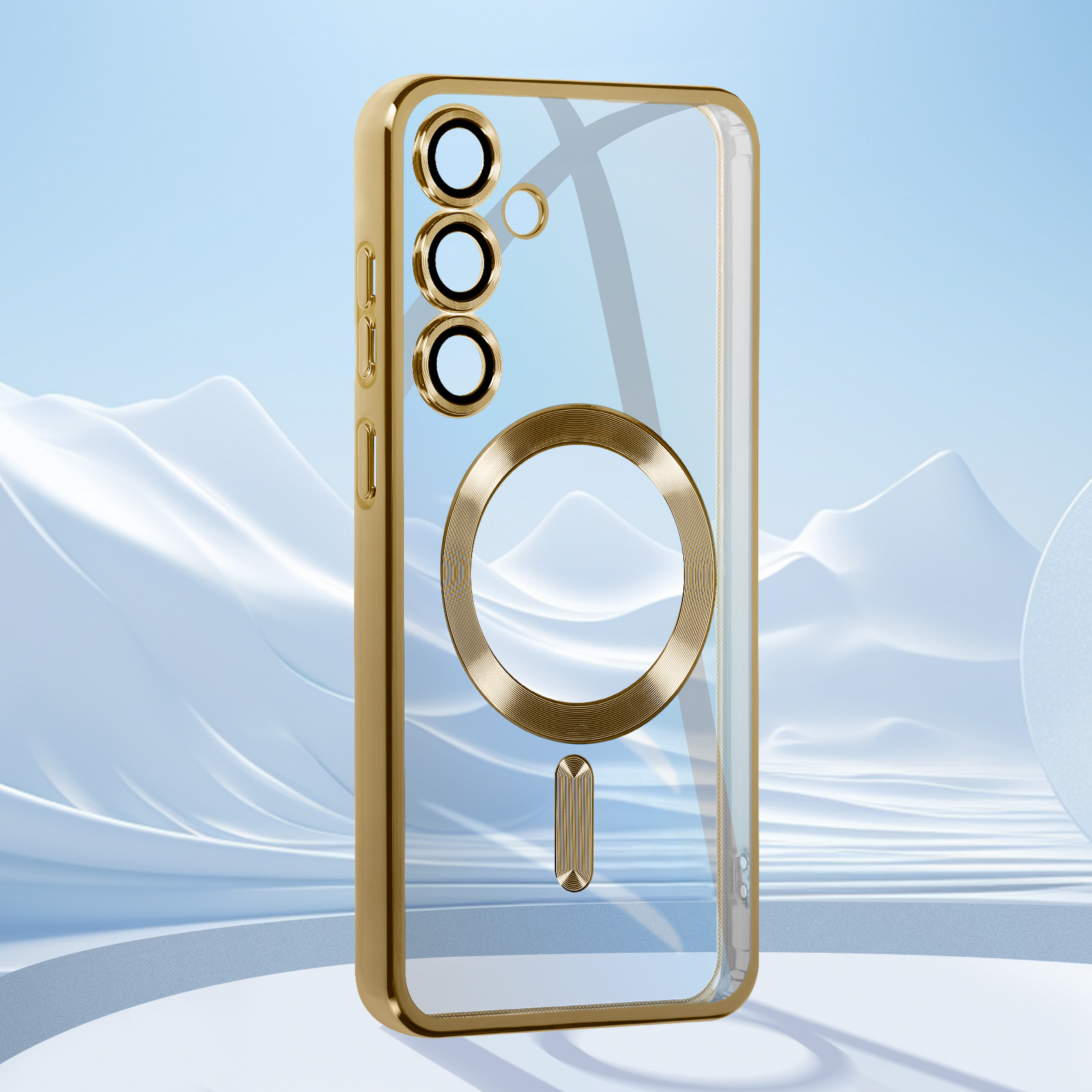 Custodia per telefono dorata con modulo fotocamera. Retro trasparente. Anello dorato e una striscia verticale. Su sfondo bianco.