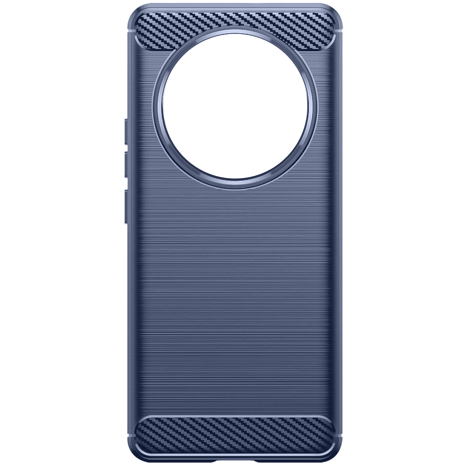Custodia blu per telefono con design in fibra di carbonio attorno al cerchio della fotocamera. Sfondo bianco.