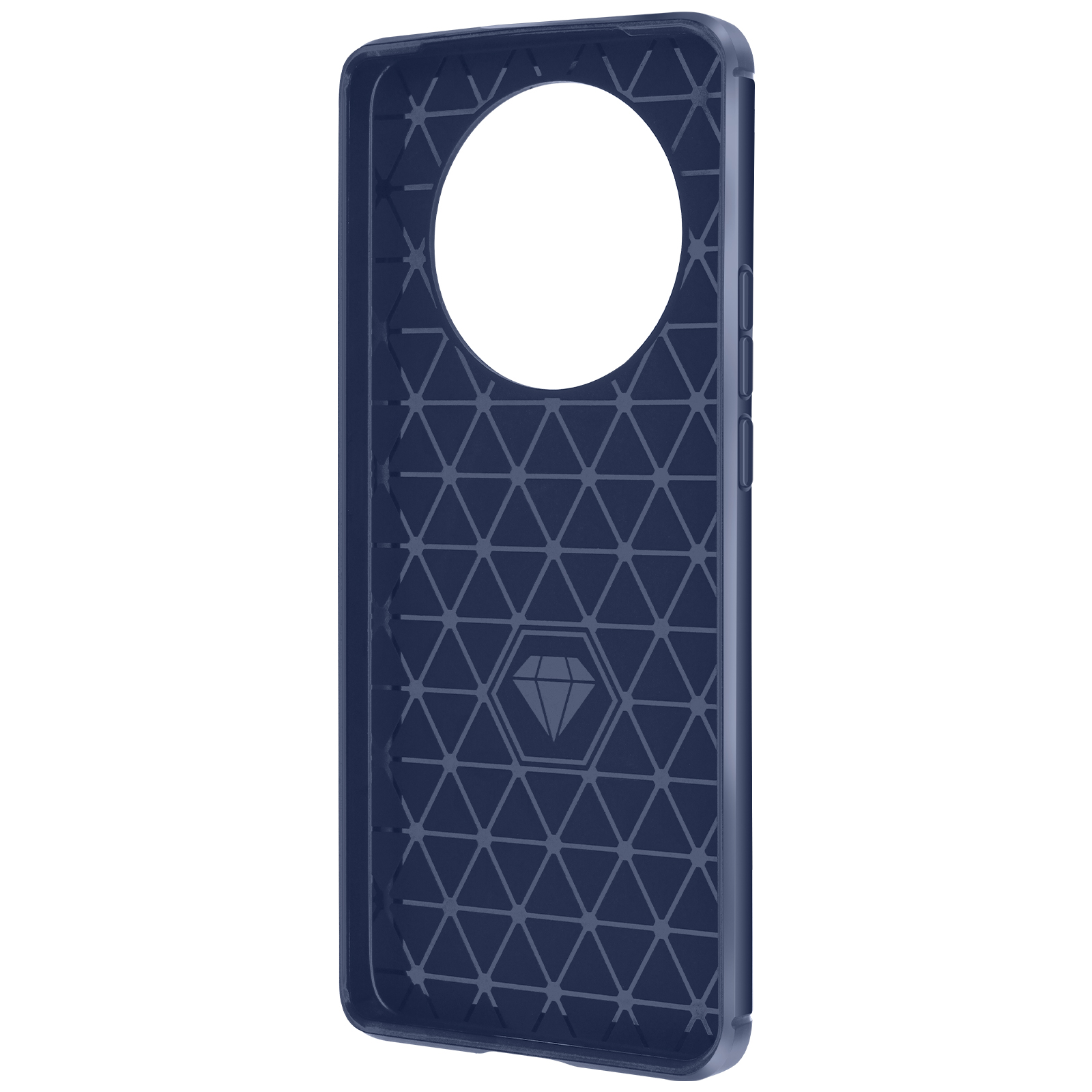 Interno di una custodia per telefono blu scuro con un motivo a diamante. Un cerchio bianco in alto.