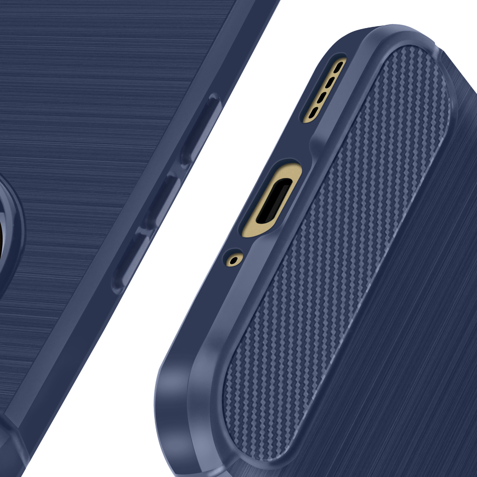 Primo piano di una custodia per telefono blu scuro. Superficie strutturata, dettagli dorati.